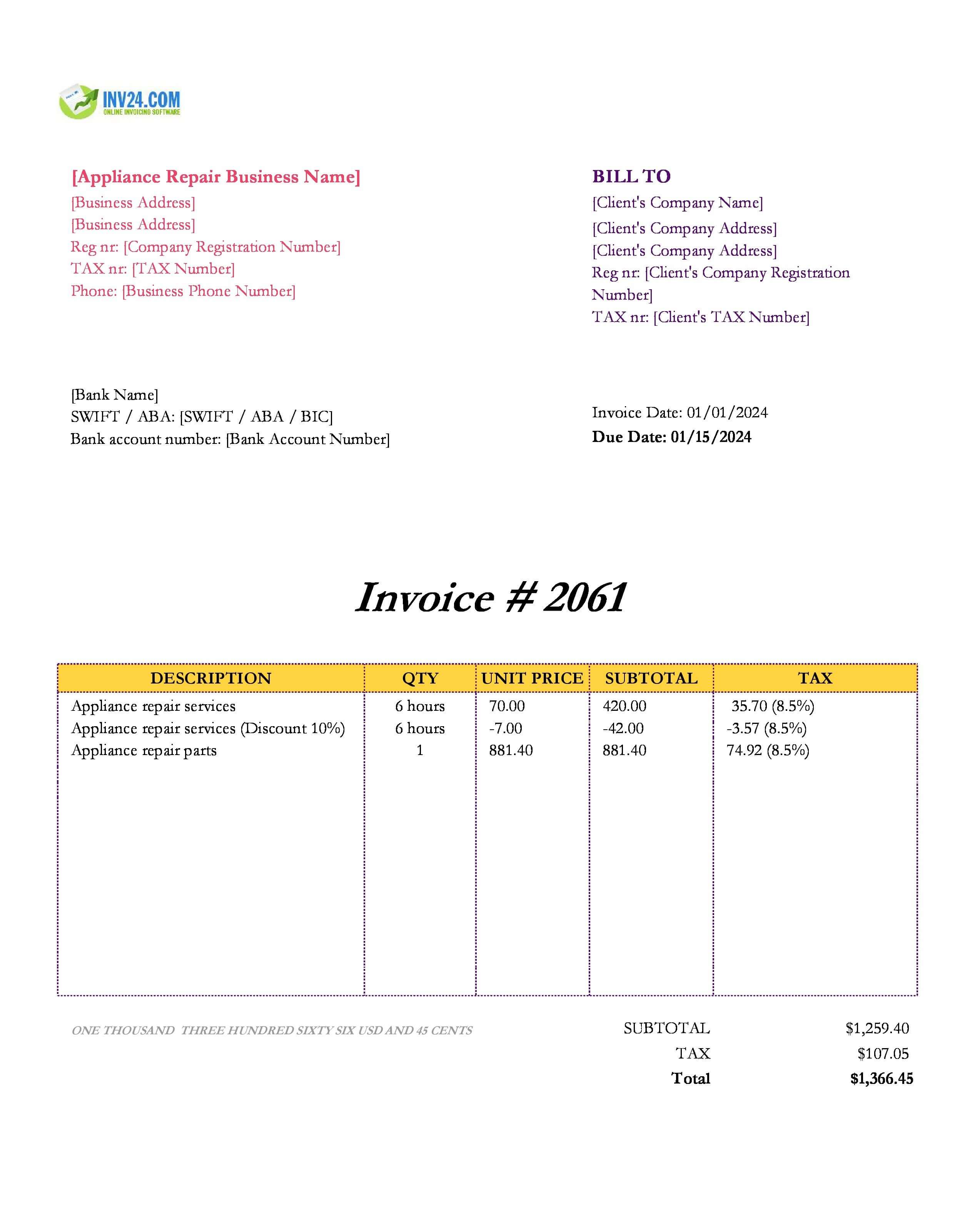 Appliance Repair Invoice Template (Excel / Google Sheets) Appliance Repair Invoice Template (Excel / Google Sheets)