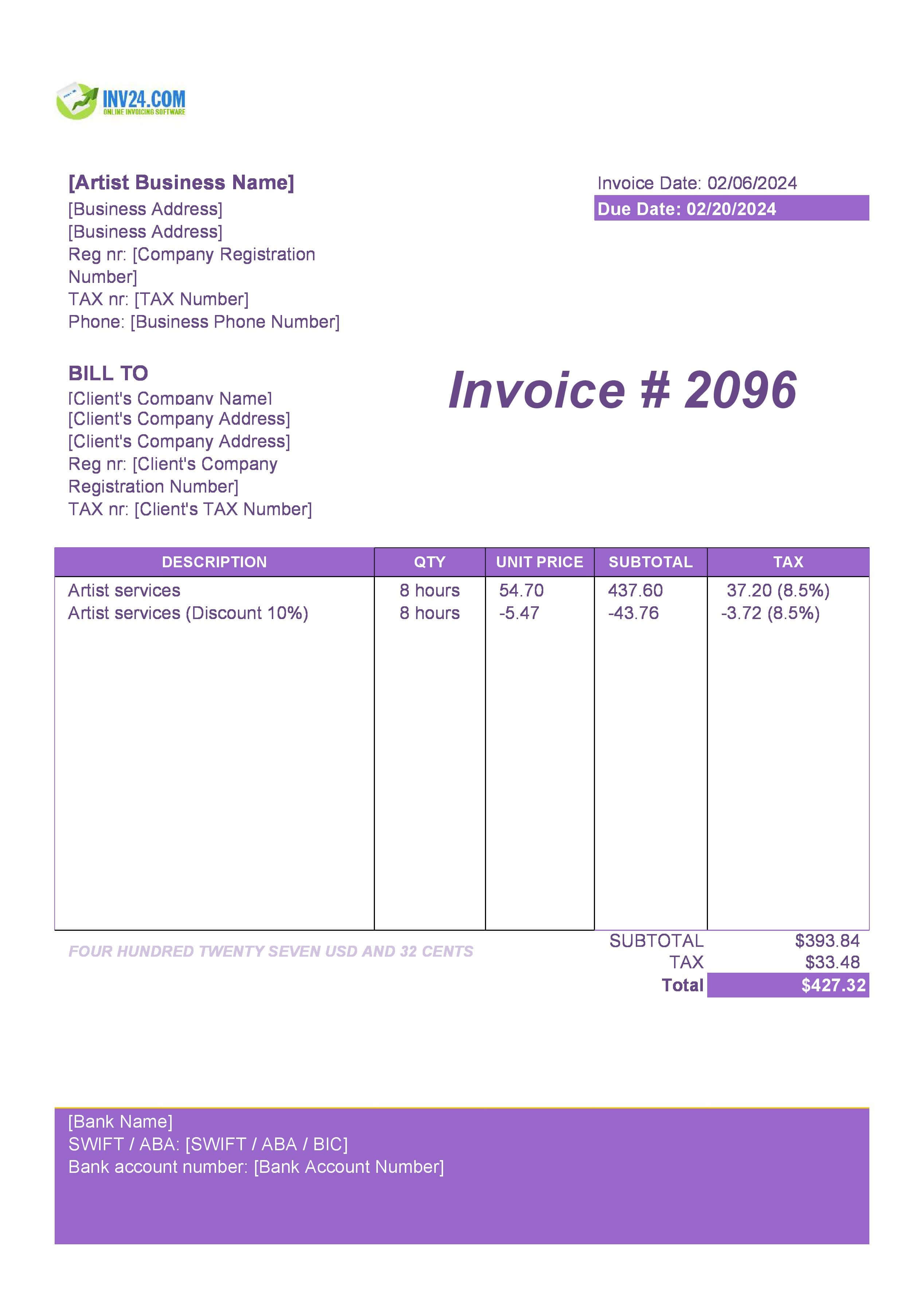 Artist Invoice Template (Excel / Google Sheets)