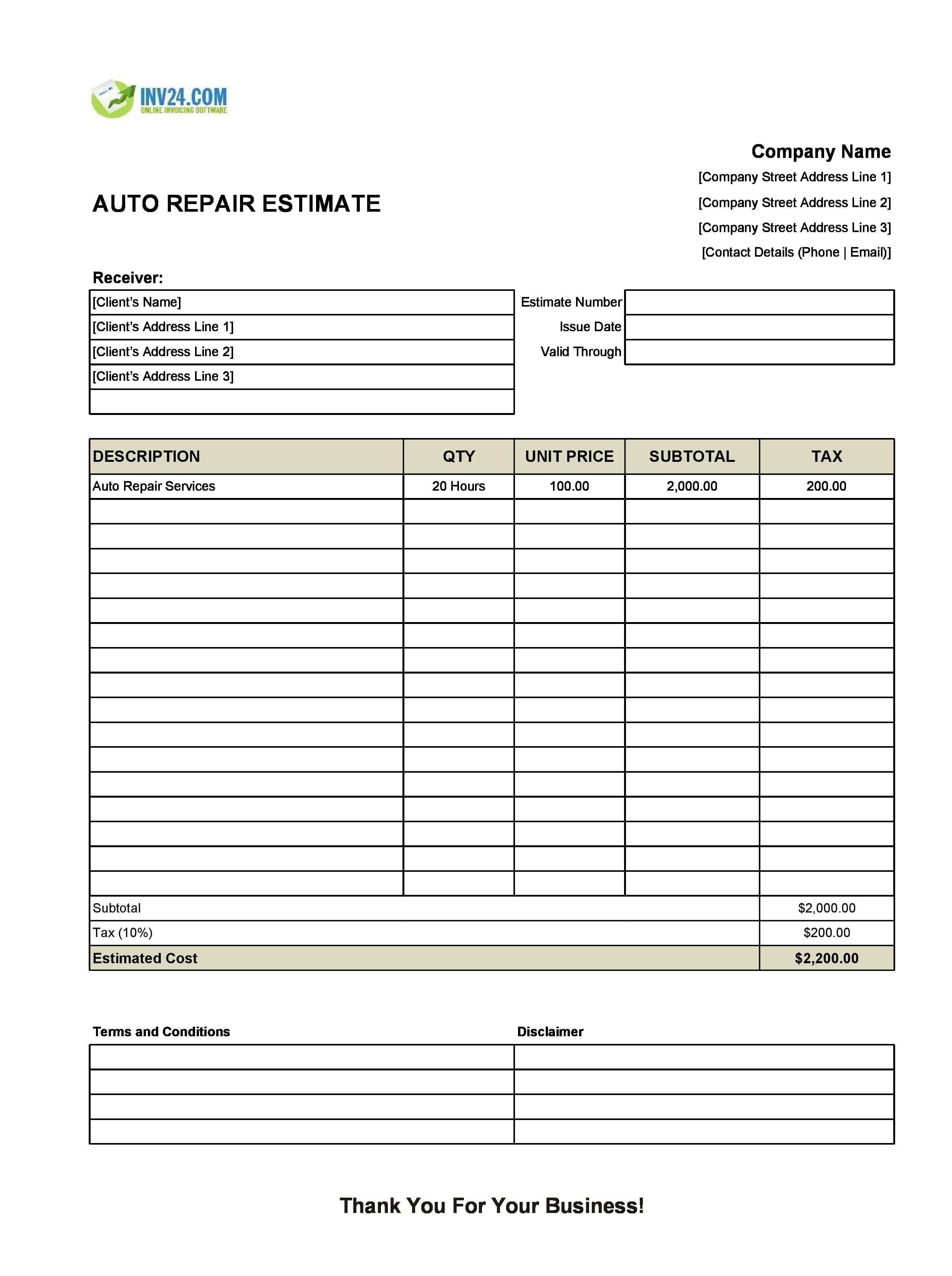 Auto Repair Estimate Template (Excel / Google Sheets) Auto Repair Estimate Template (Excel / Google Sheets)