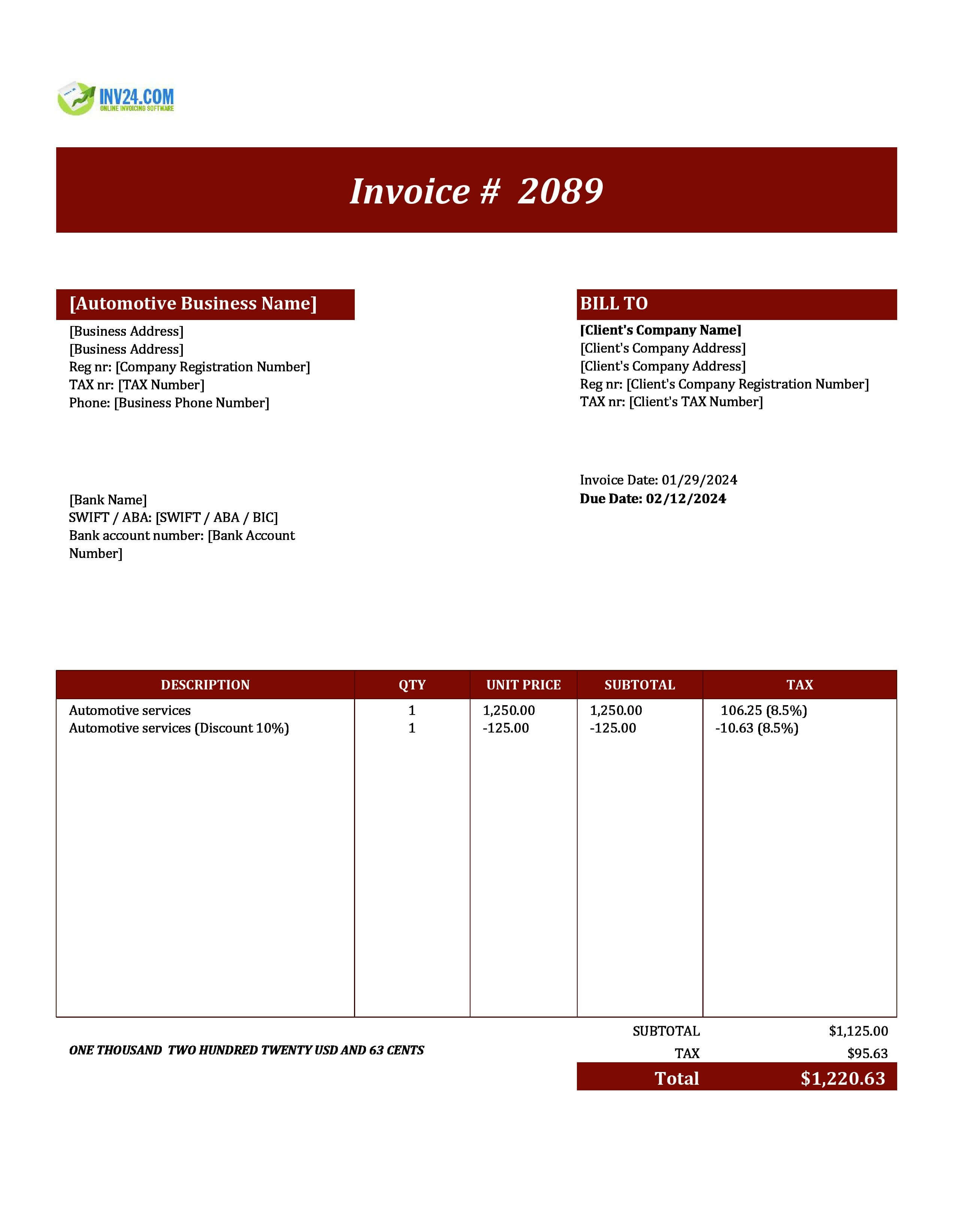 Automotive invoice template