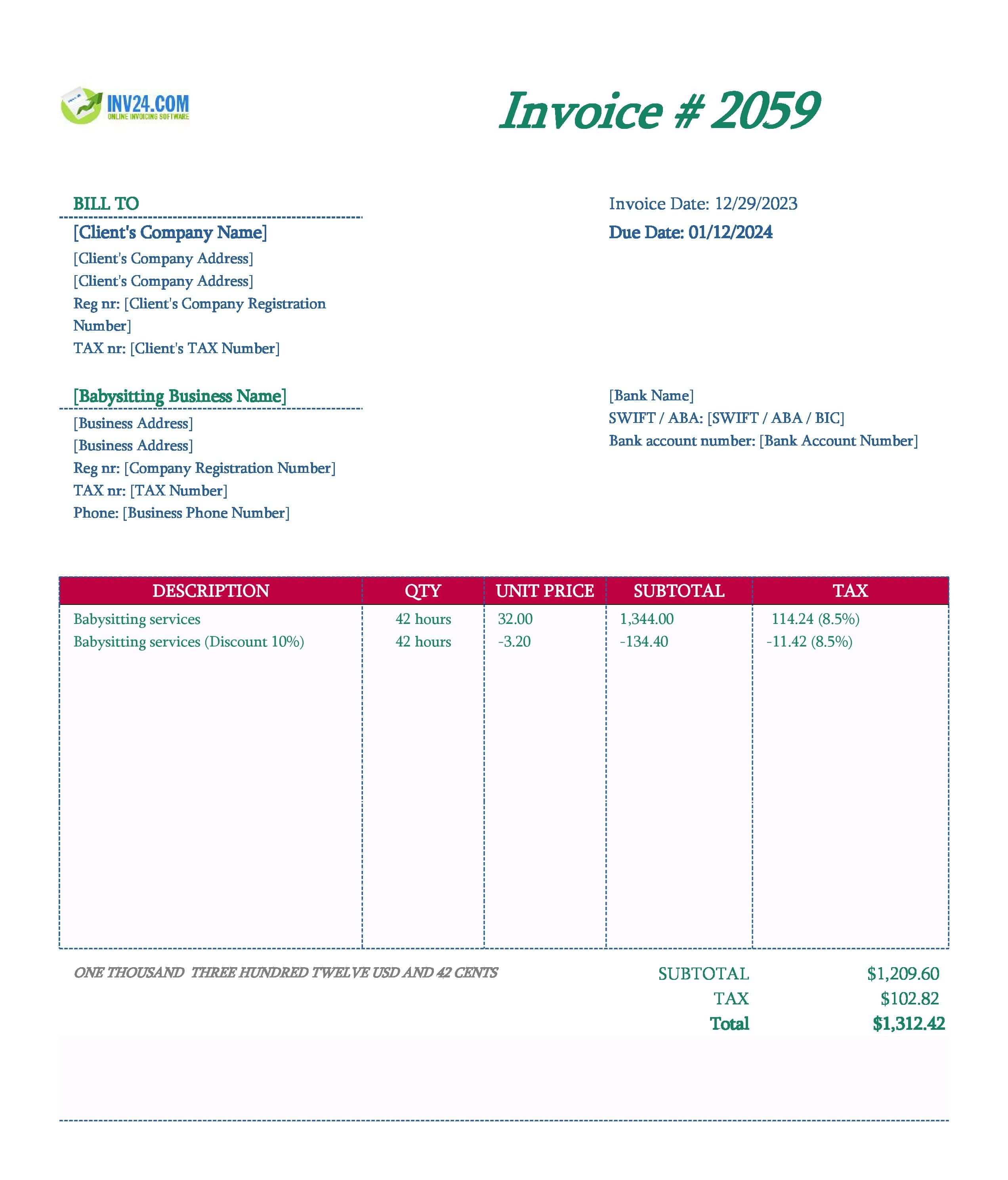 Babysitting Invoice Template (Excel / Google Sheets)