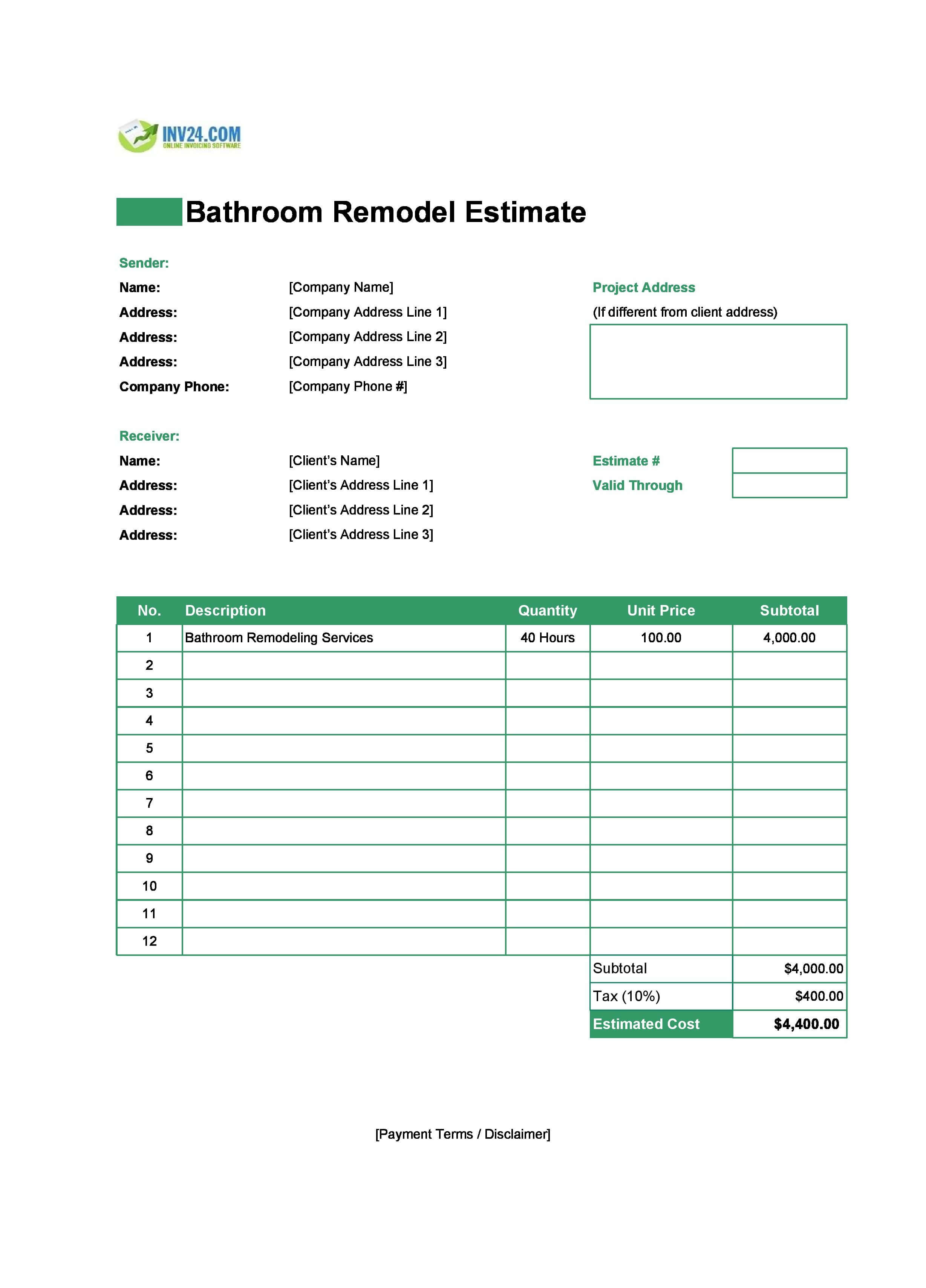 Bathroom Remodel Estimate Template (Excel / Google Sheets) Bathroom Remodel Estimate Template (Excel / Google Sheets)