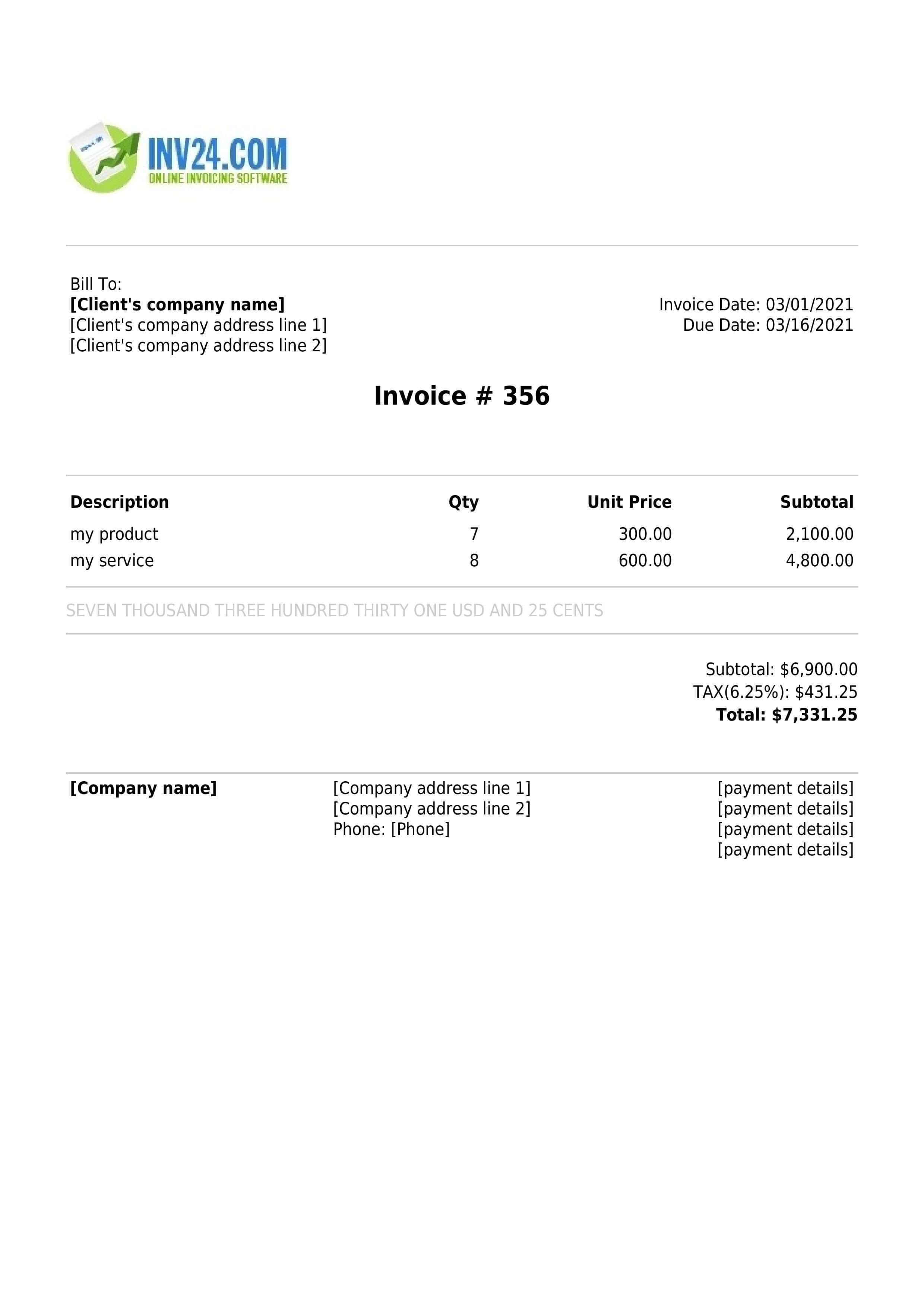 An invoice sample with mandatory and optional fields