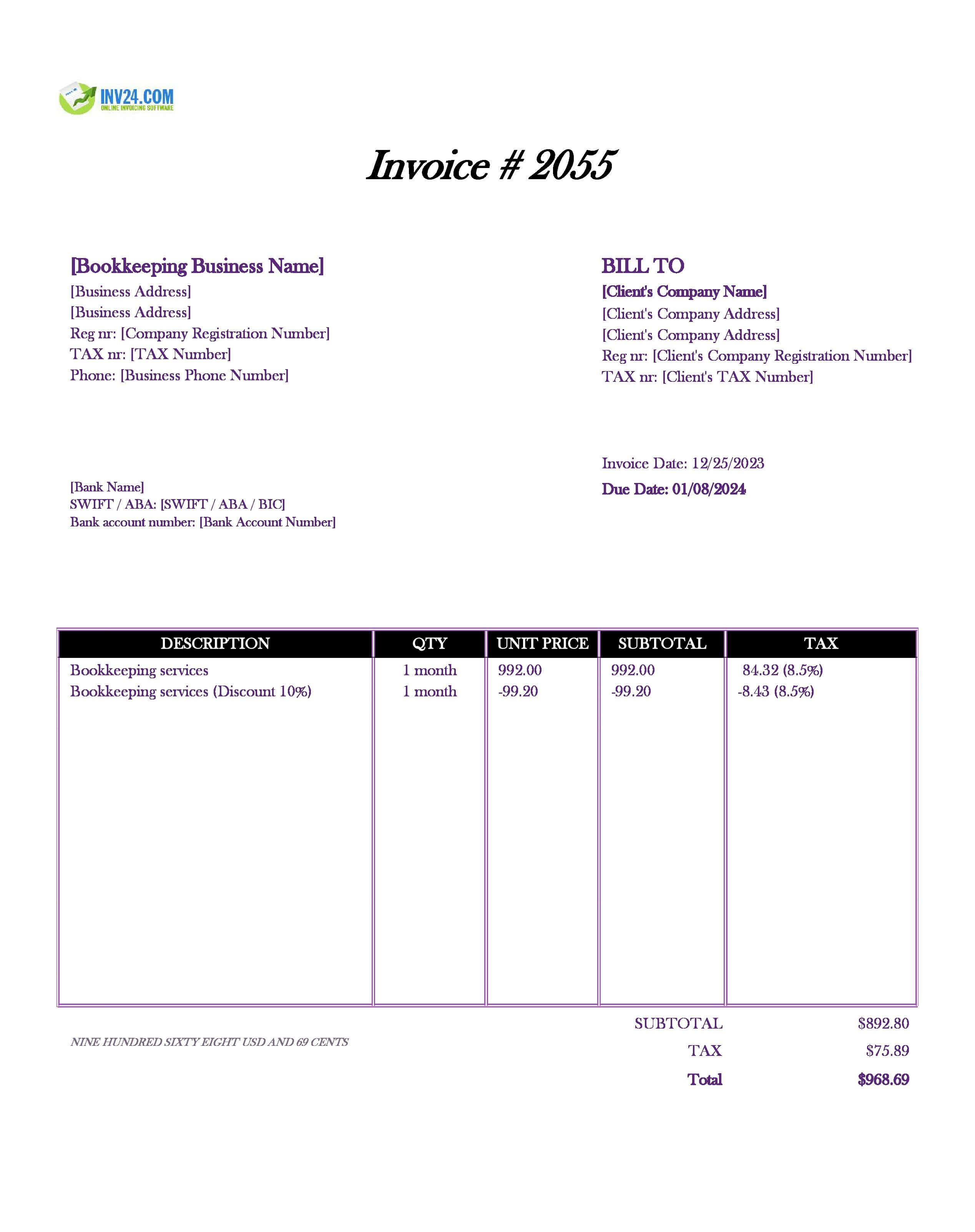 Bookkeeping invoice template