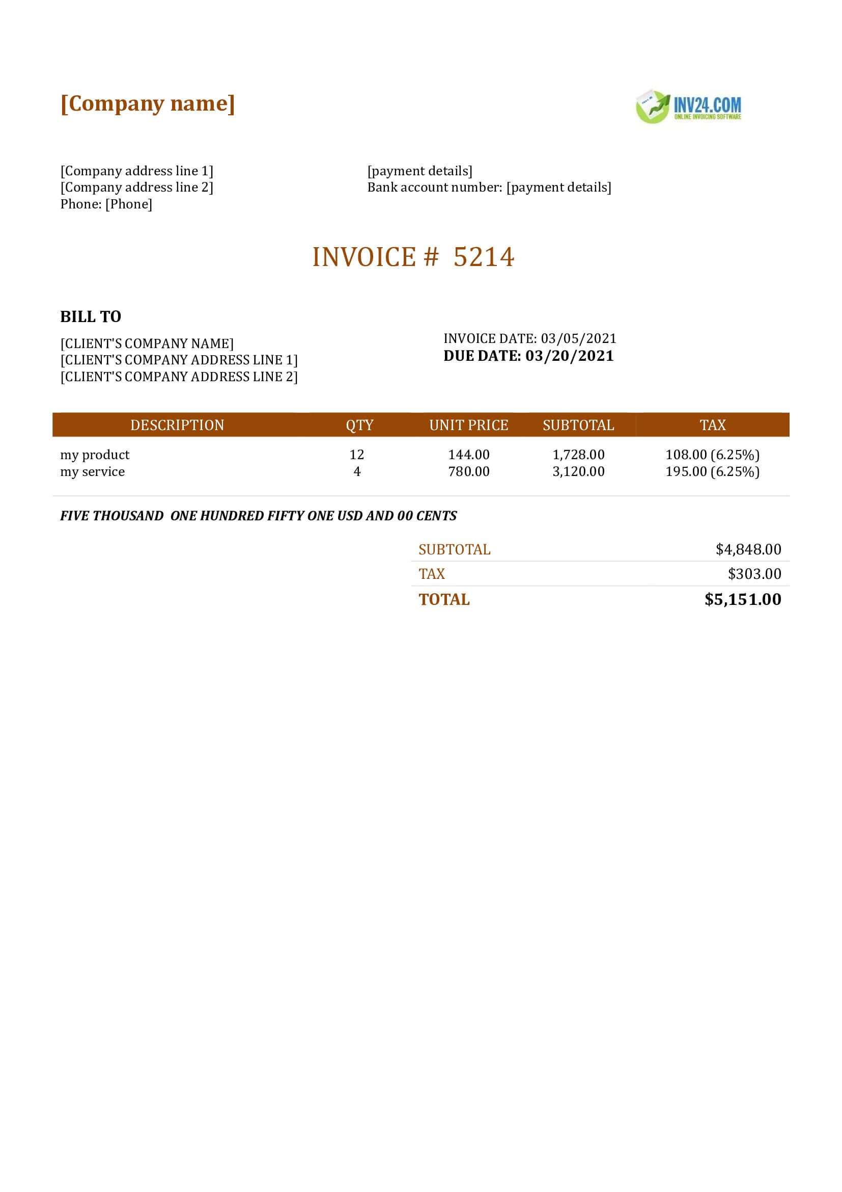 Word invoice example