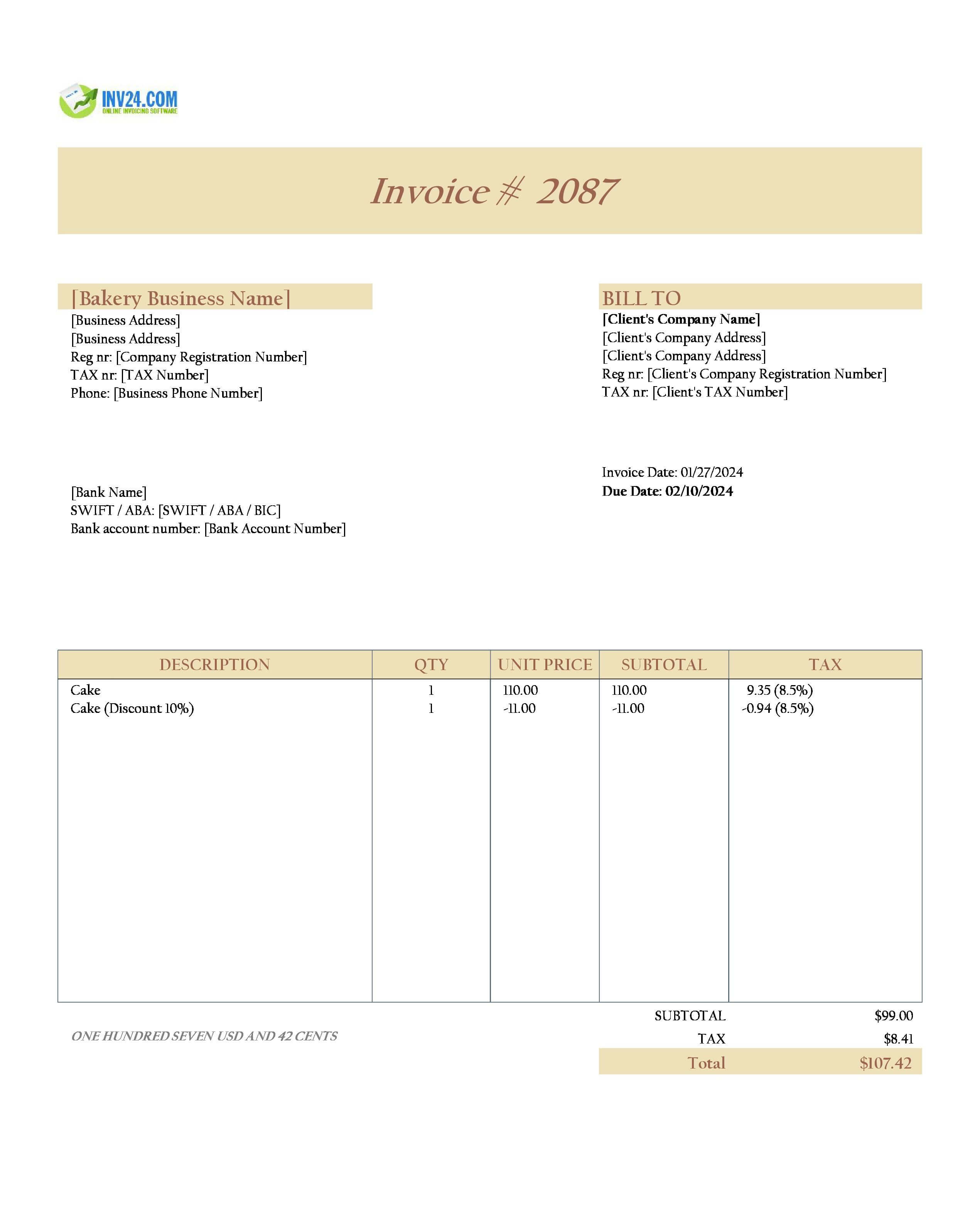 Cake invoice template