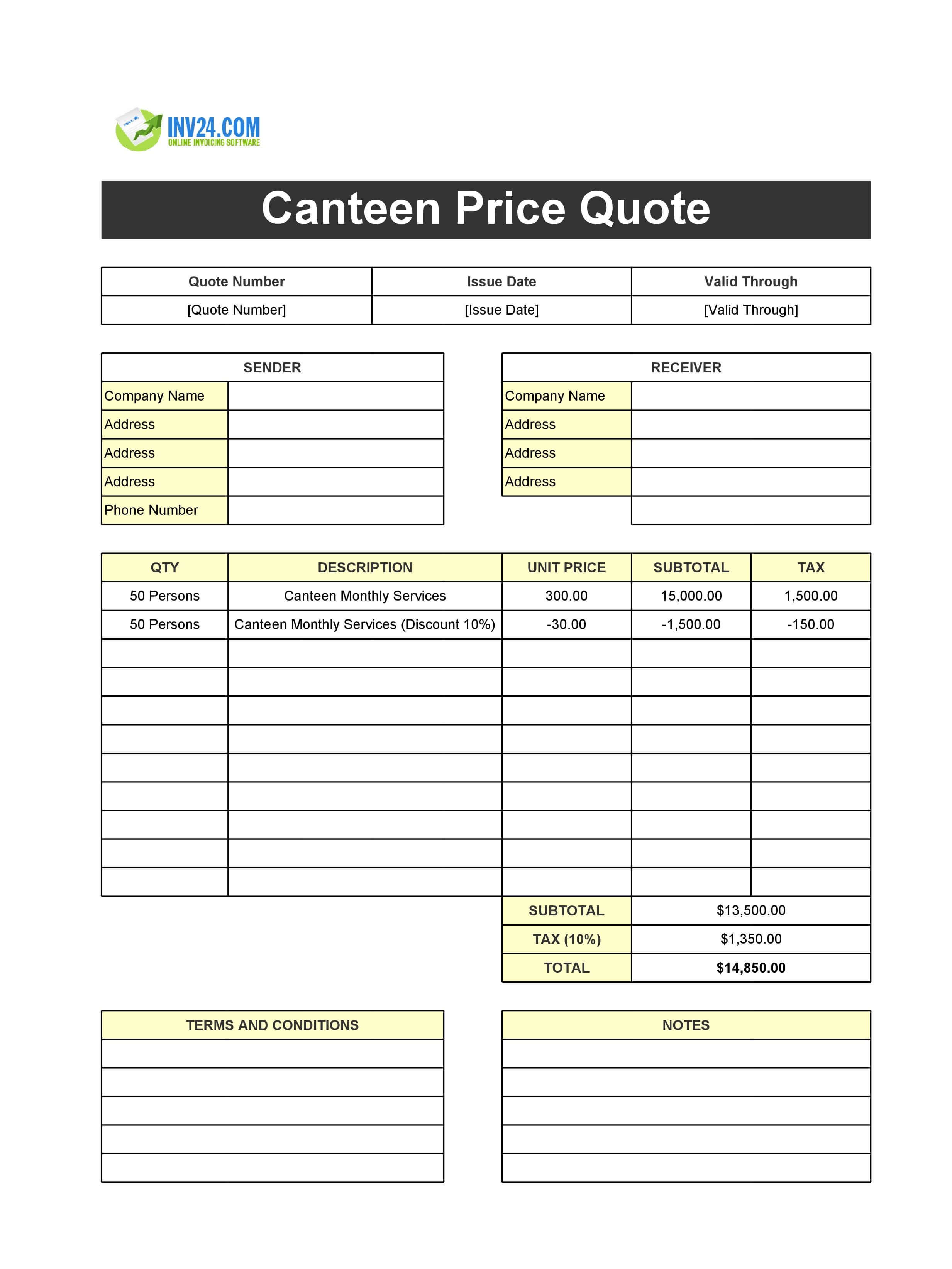 Canteen Quote Template (Excel / Google Sheets)