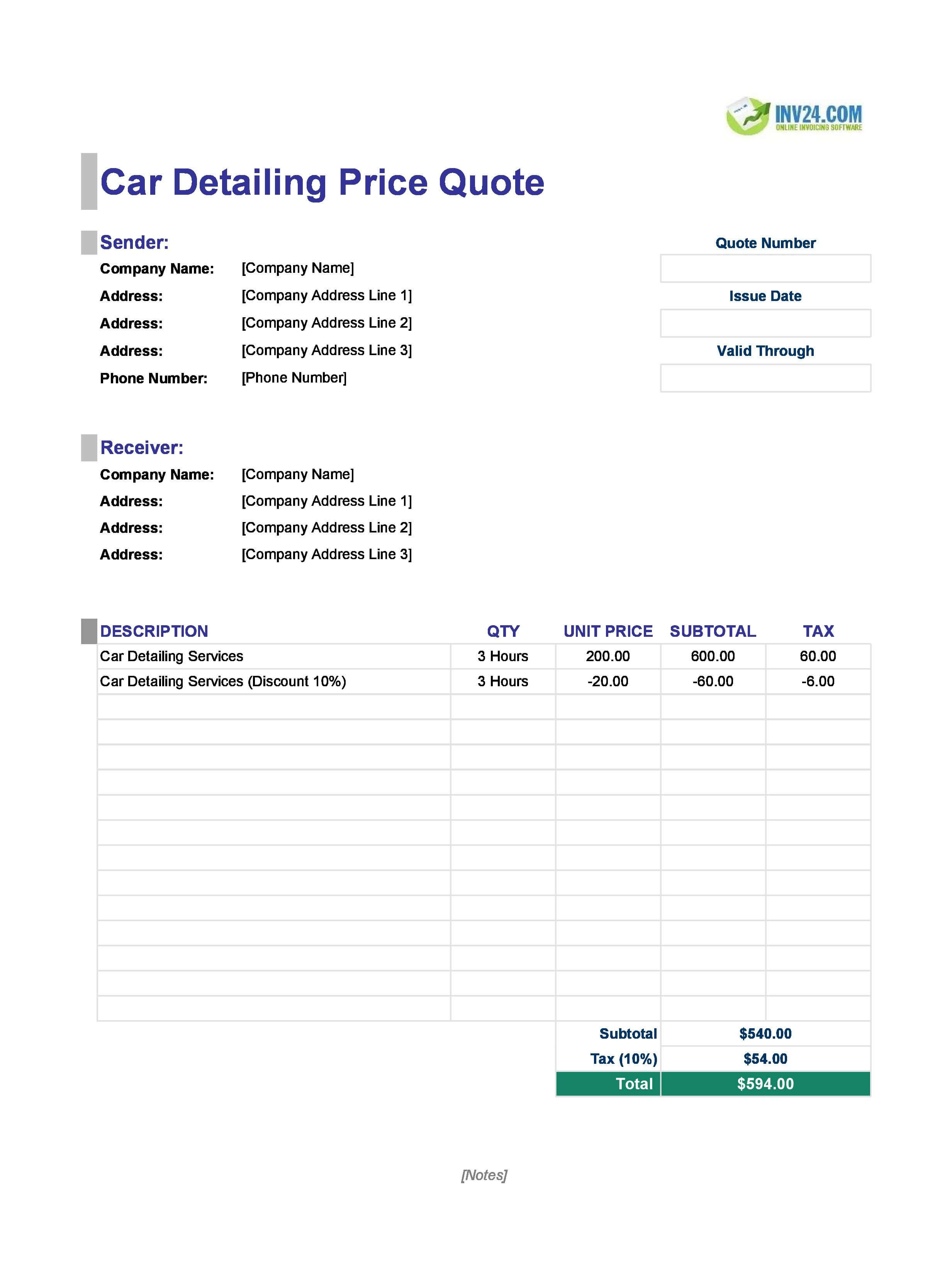 Car Detailing Quote Template (Excel / Google Sheets)