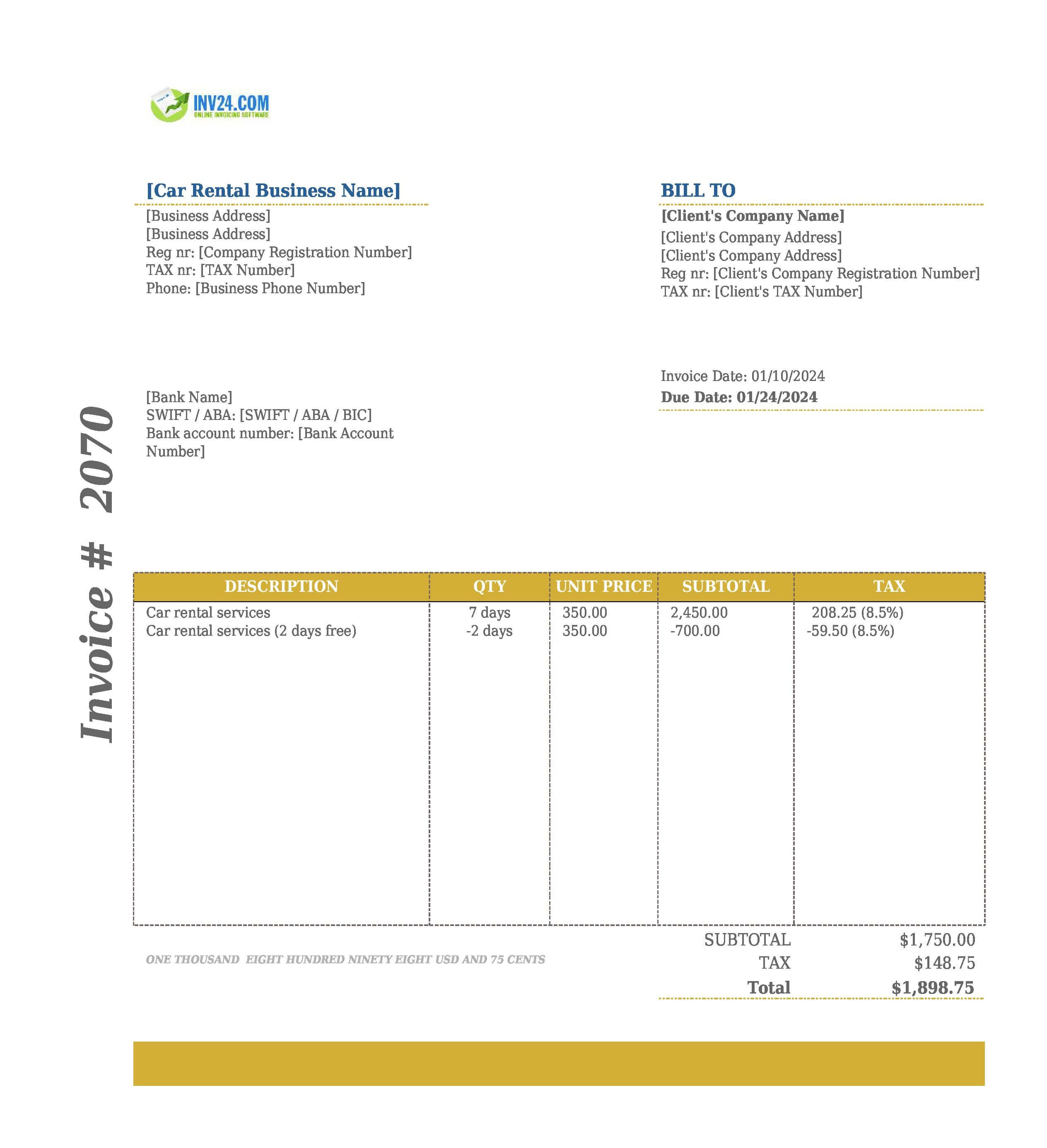 Car rental invoice template