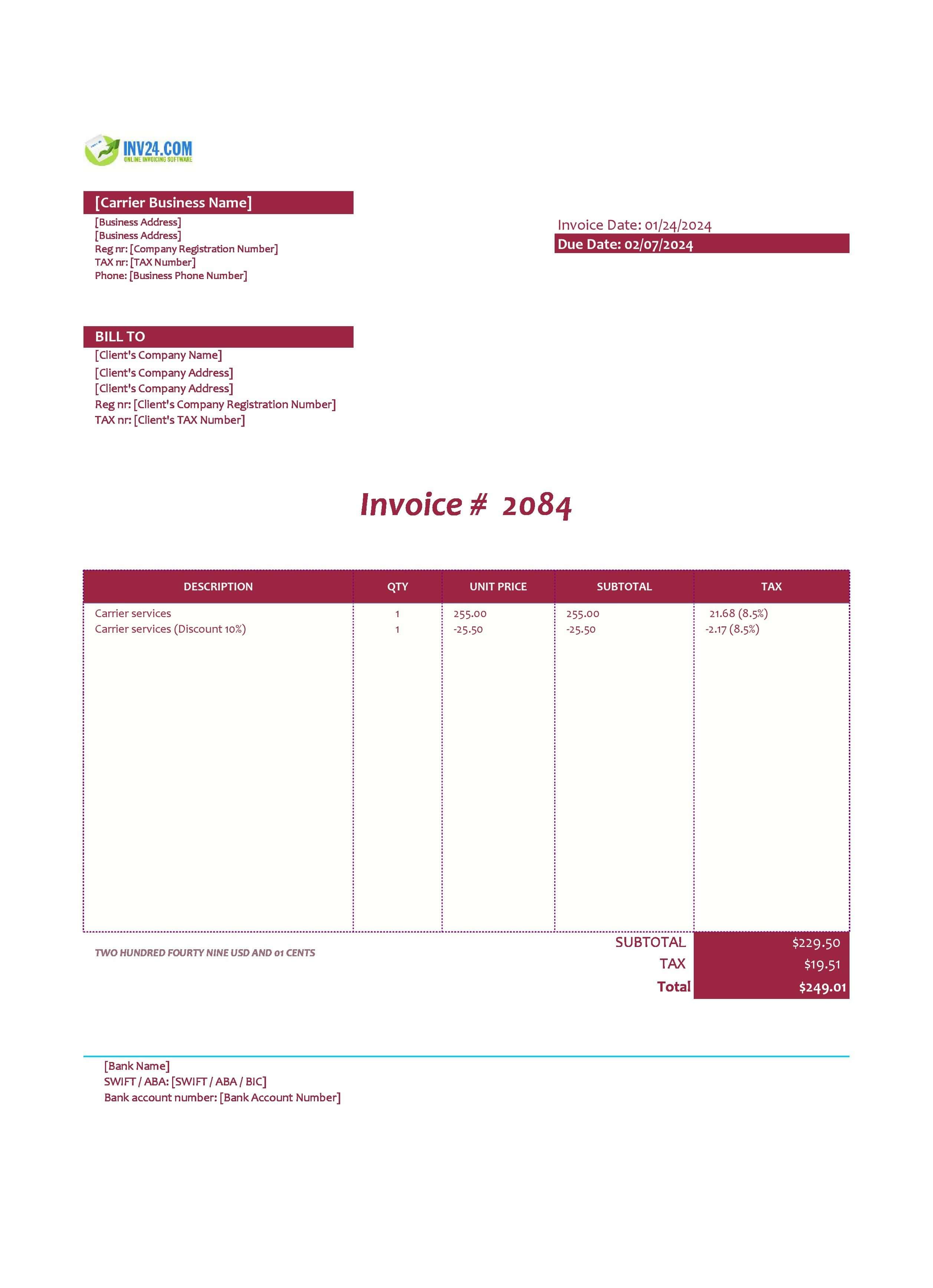 Carrier invoice template