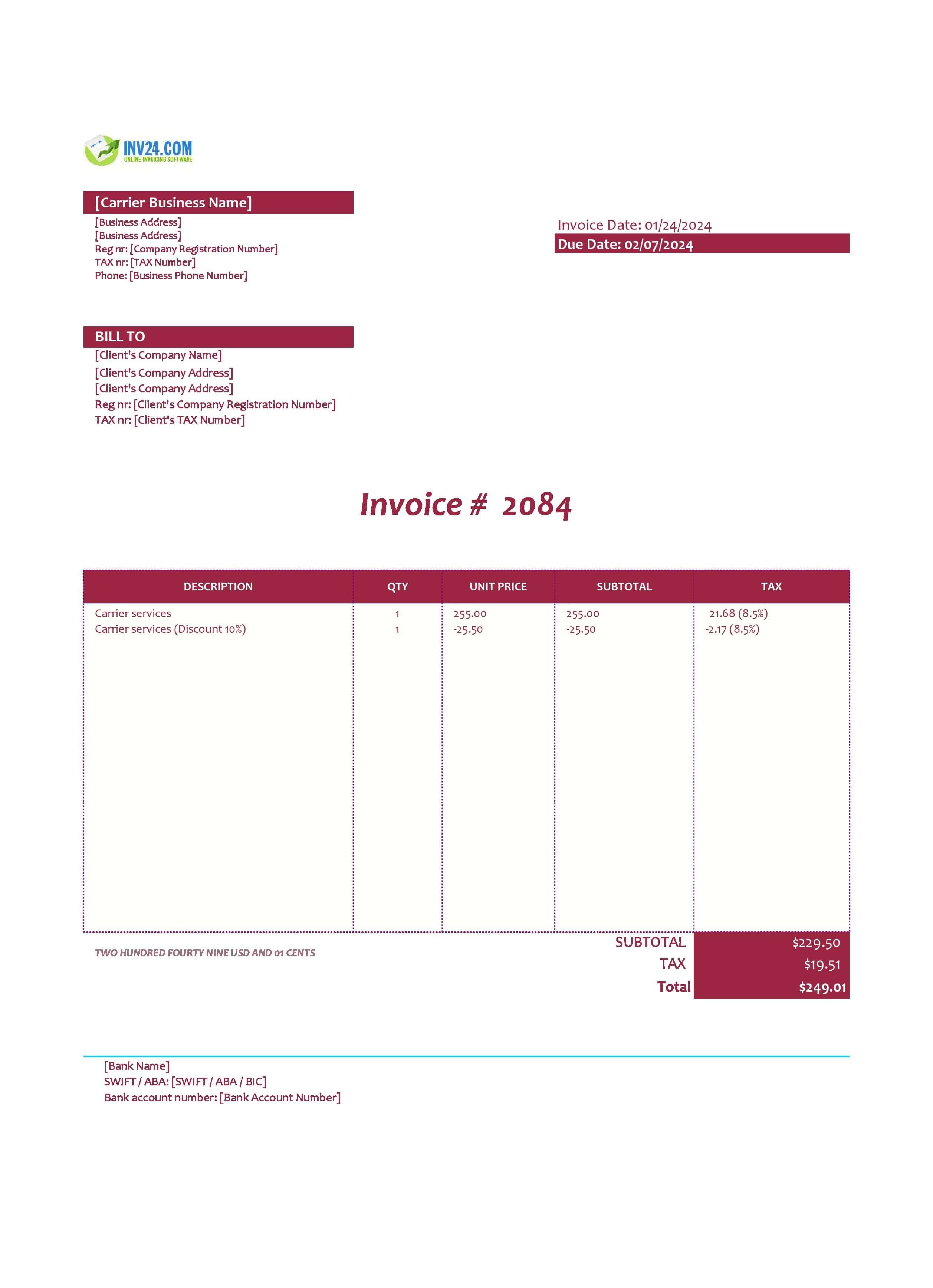 Carrier Invoice Template (Excel / Google Sheets)