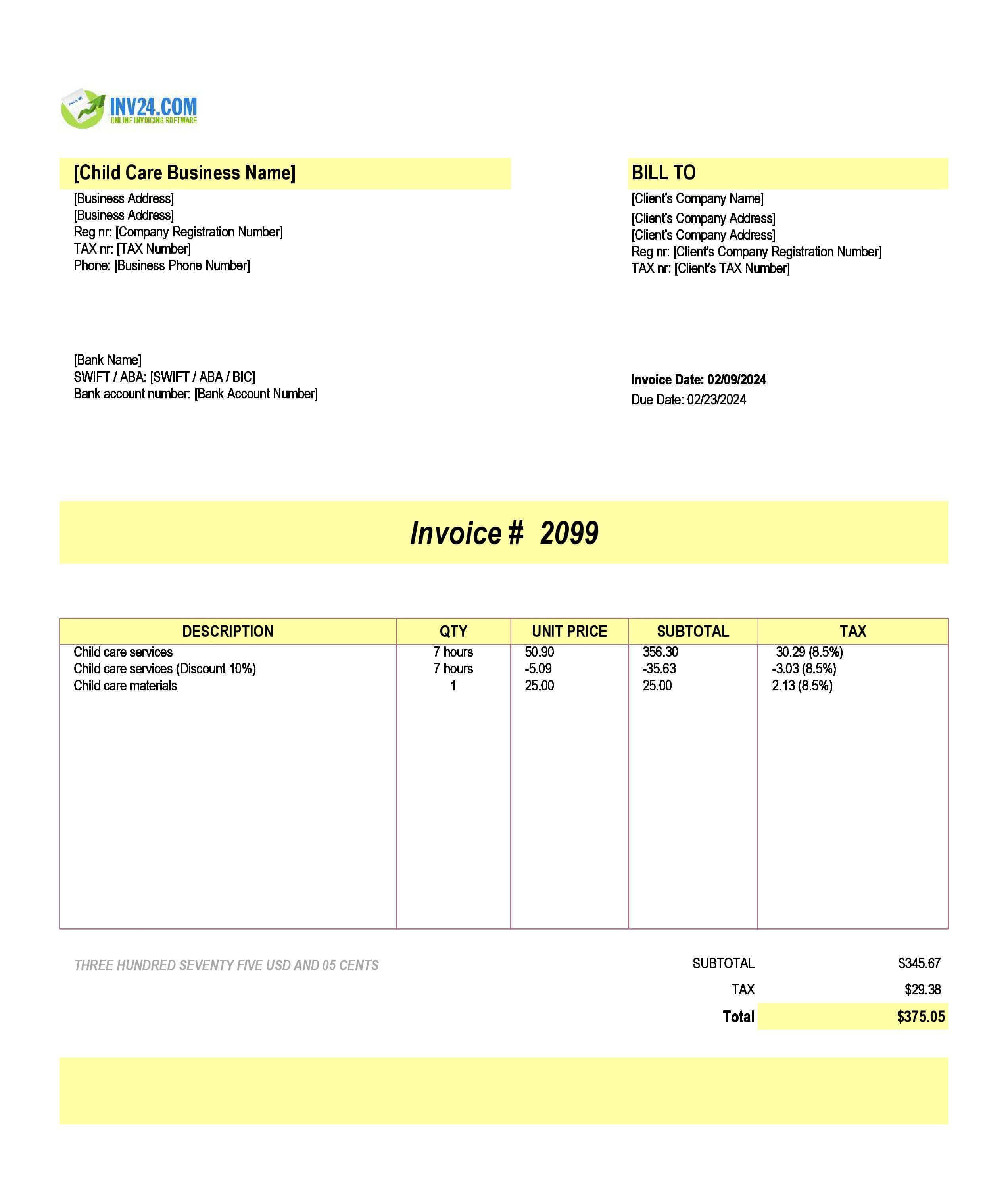 Child care invoice template