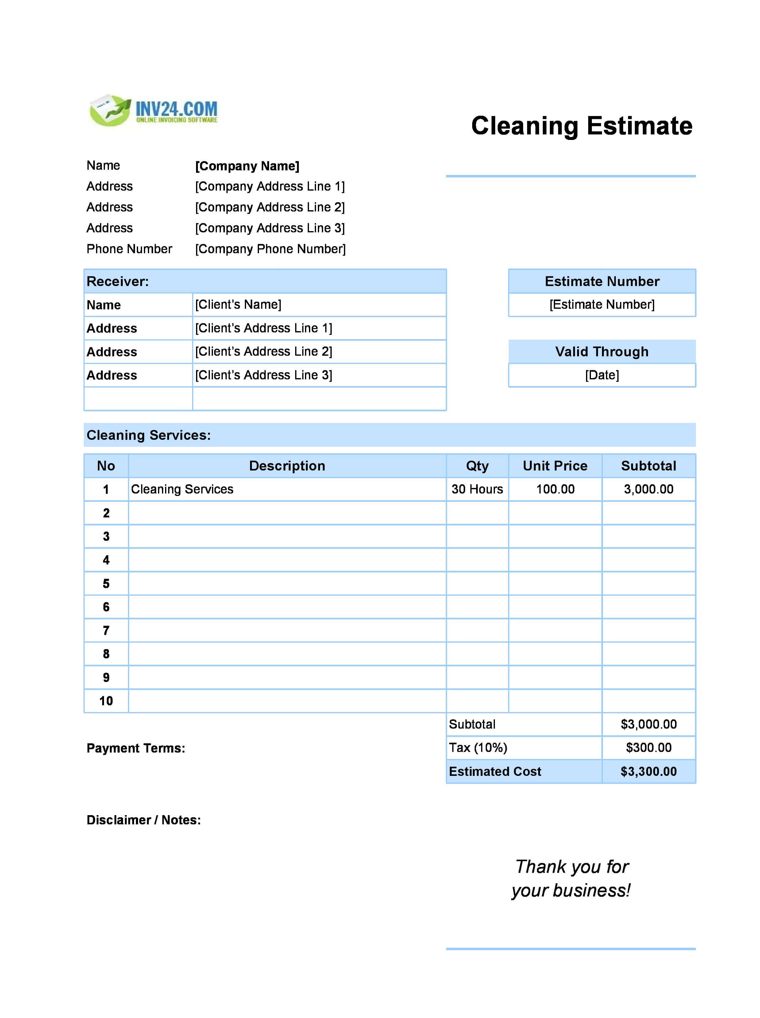 cleaning estimate template (excel / google sheets)