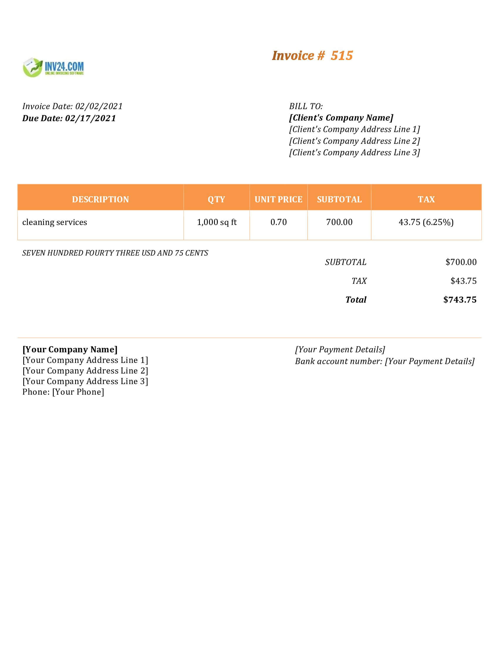 Cleaning service invoice template