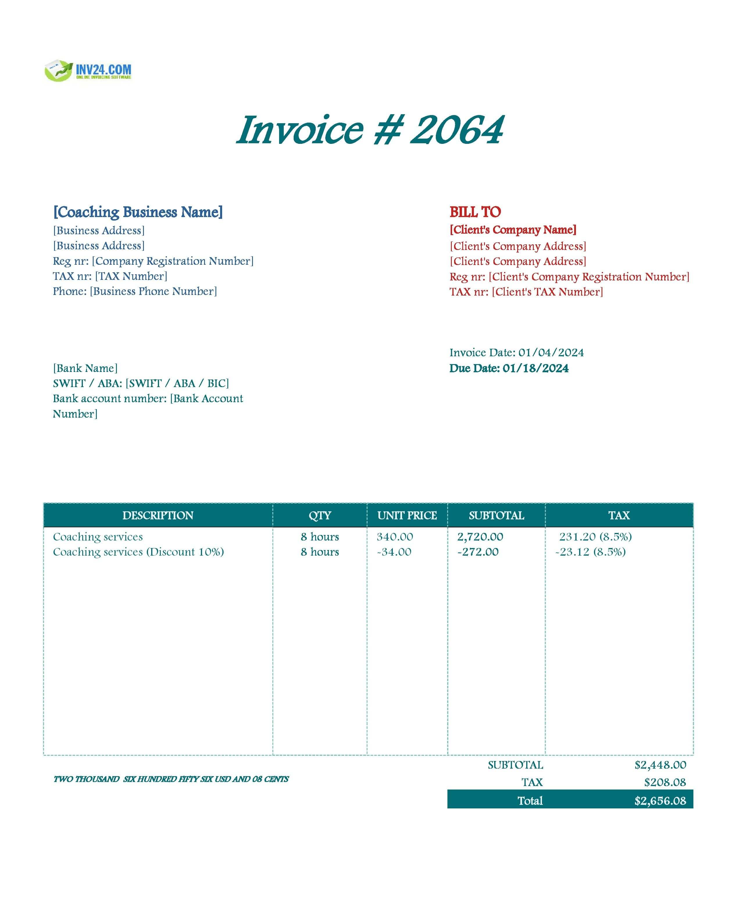 Coaching Invoice Template (Excel / Google Sheets)