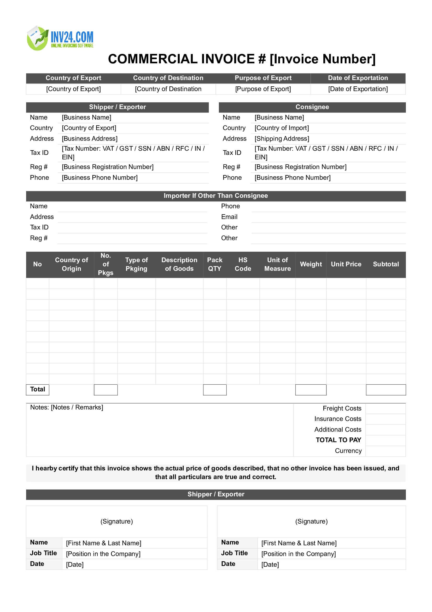 Editable Commercial Invoice Template (Word / Google Docs)