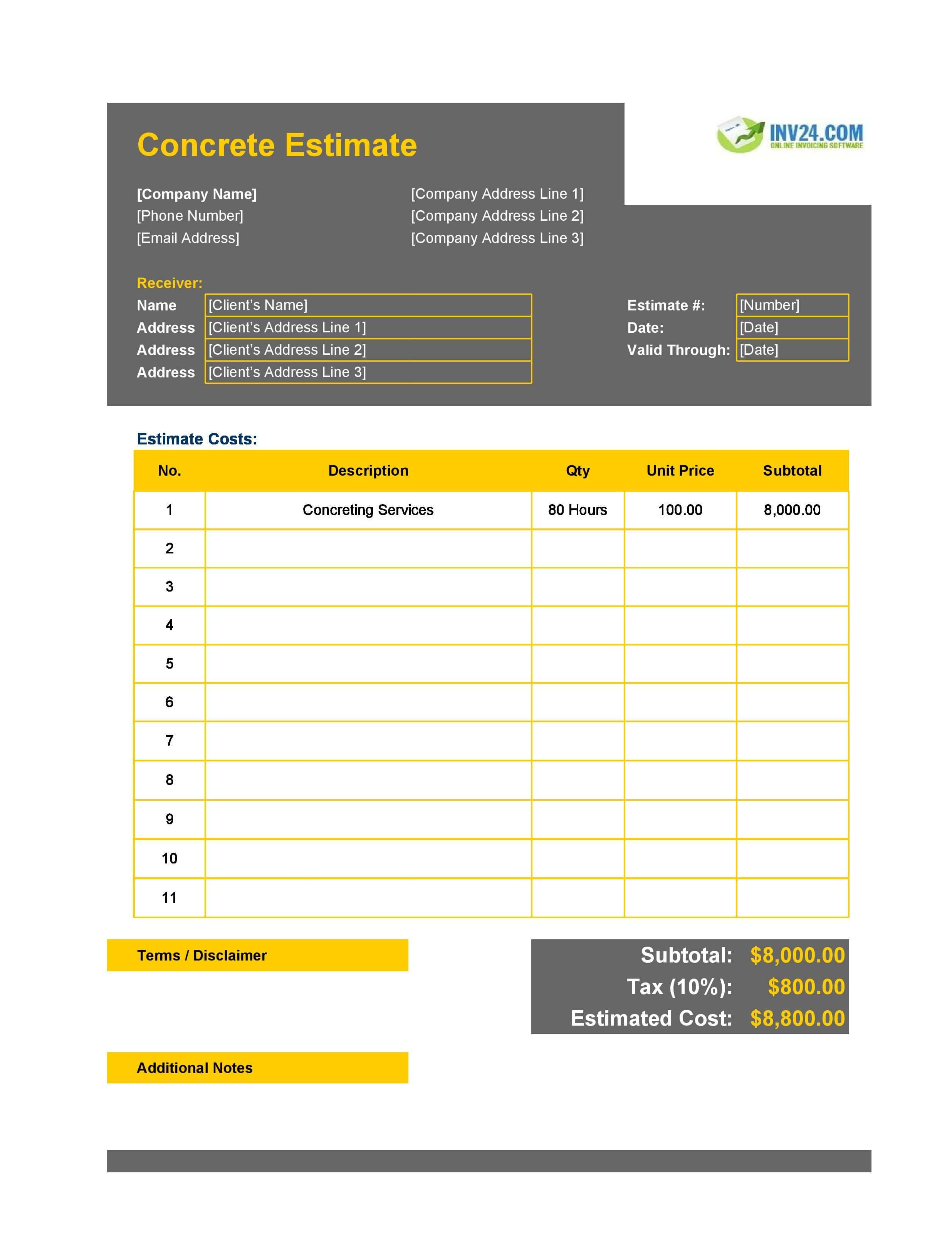 Concrete Estimate Template (Excel / Google Sheets)