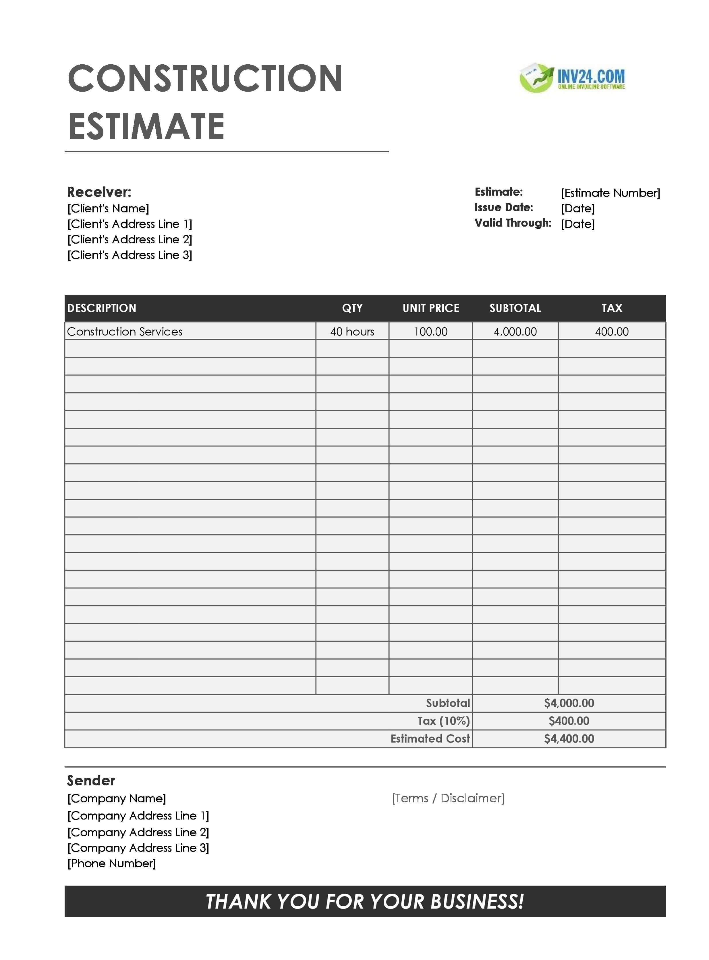 Construction Estimate Template (Excel / Google Sheets) Construction Estimate Template (Excel / Google Sheets)