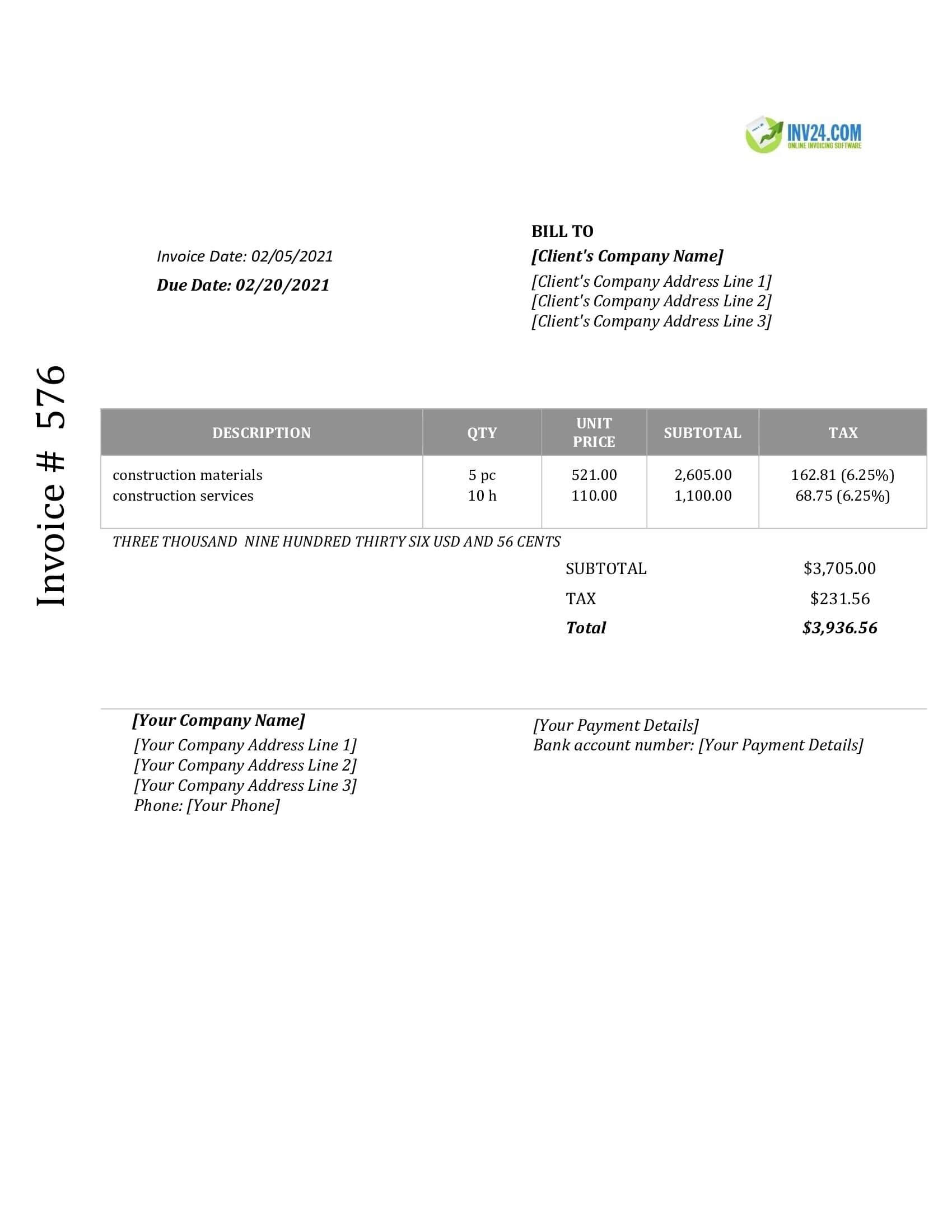 Construction Invoice Template (Word) Regarding Invoice Template For Builders