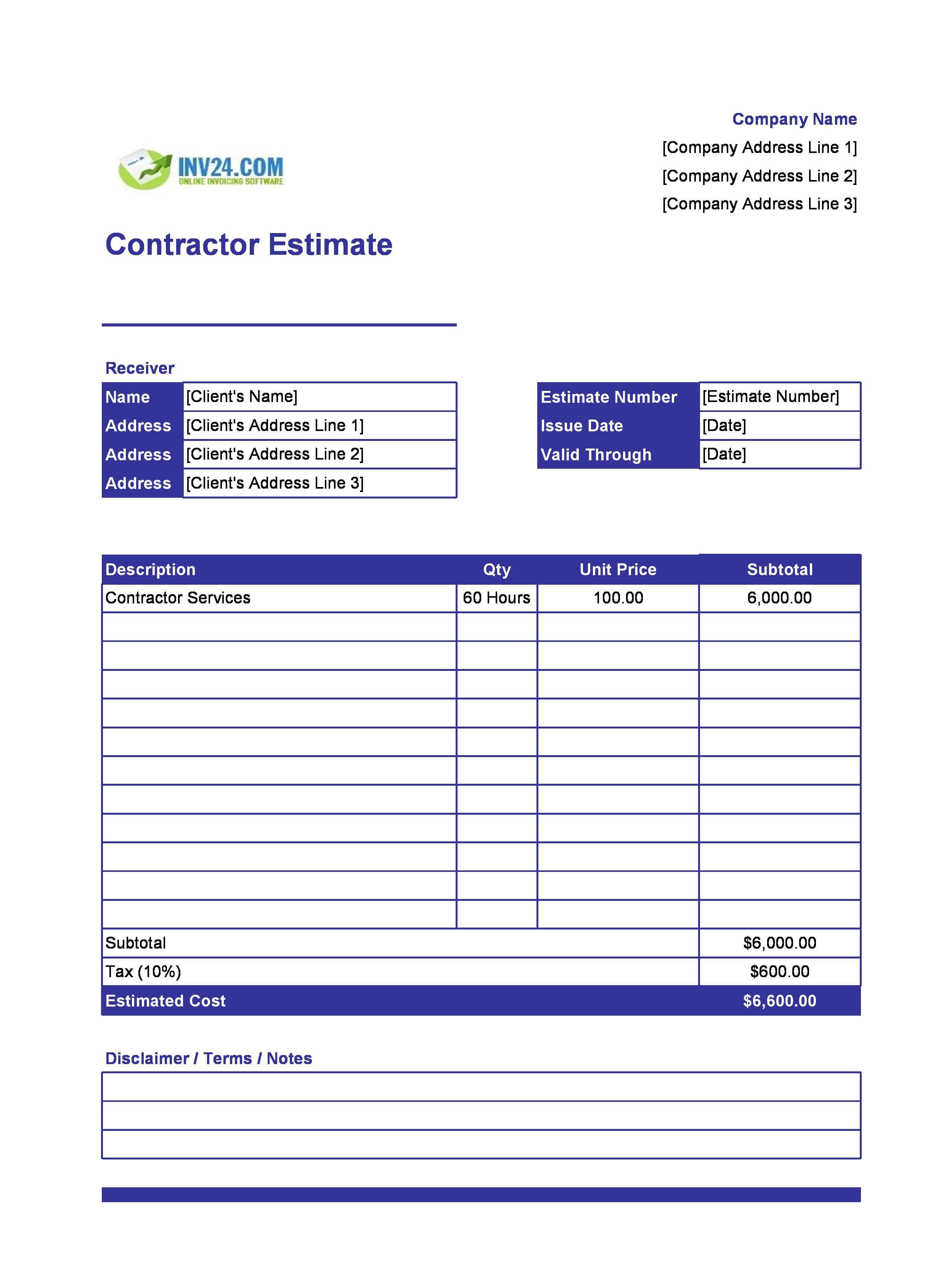 Contractor Estimate Template (Excel / Google Sheets) Contractor Estimate Template (Excel / Google Sheets)
