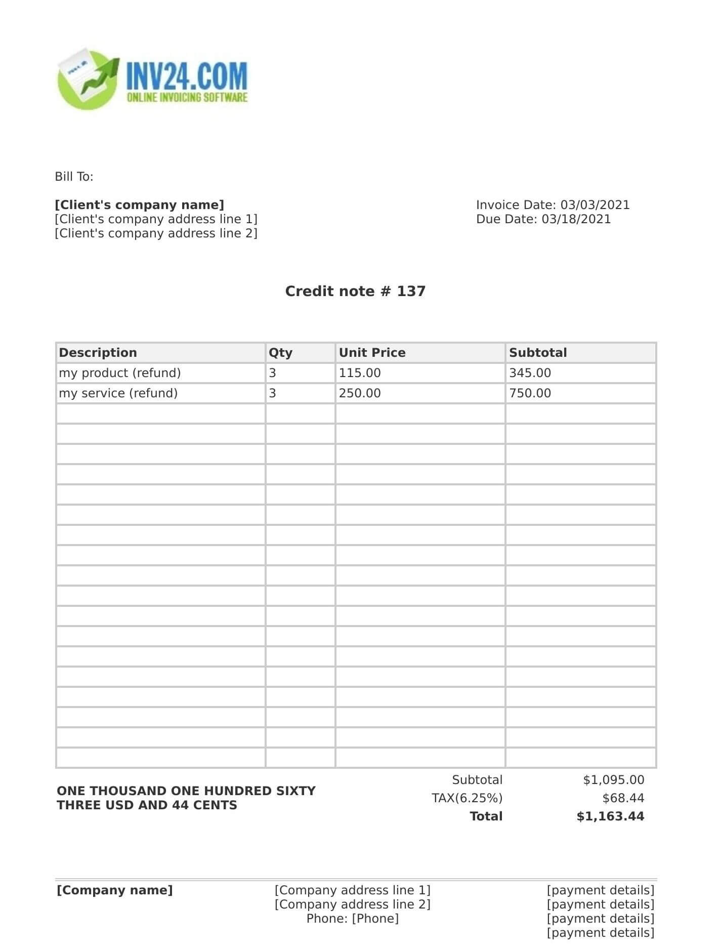 Credit note sample