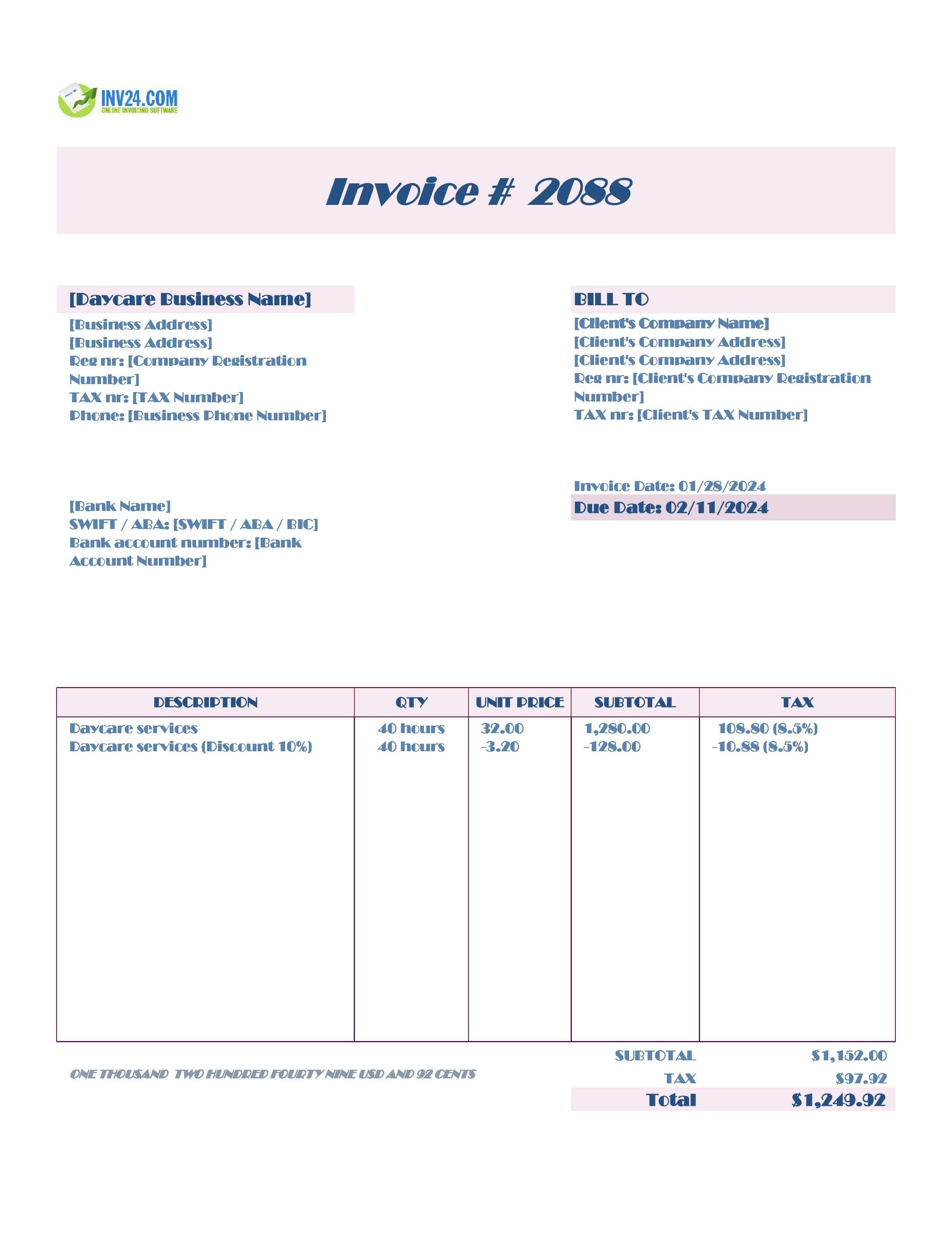 Daycare Invoice Template (Excel / Google Sheets)