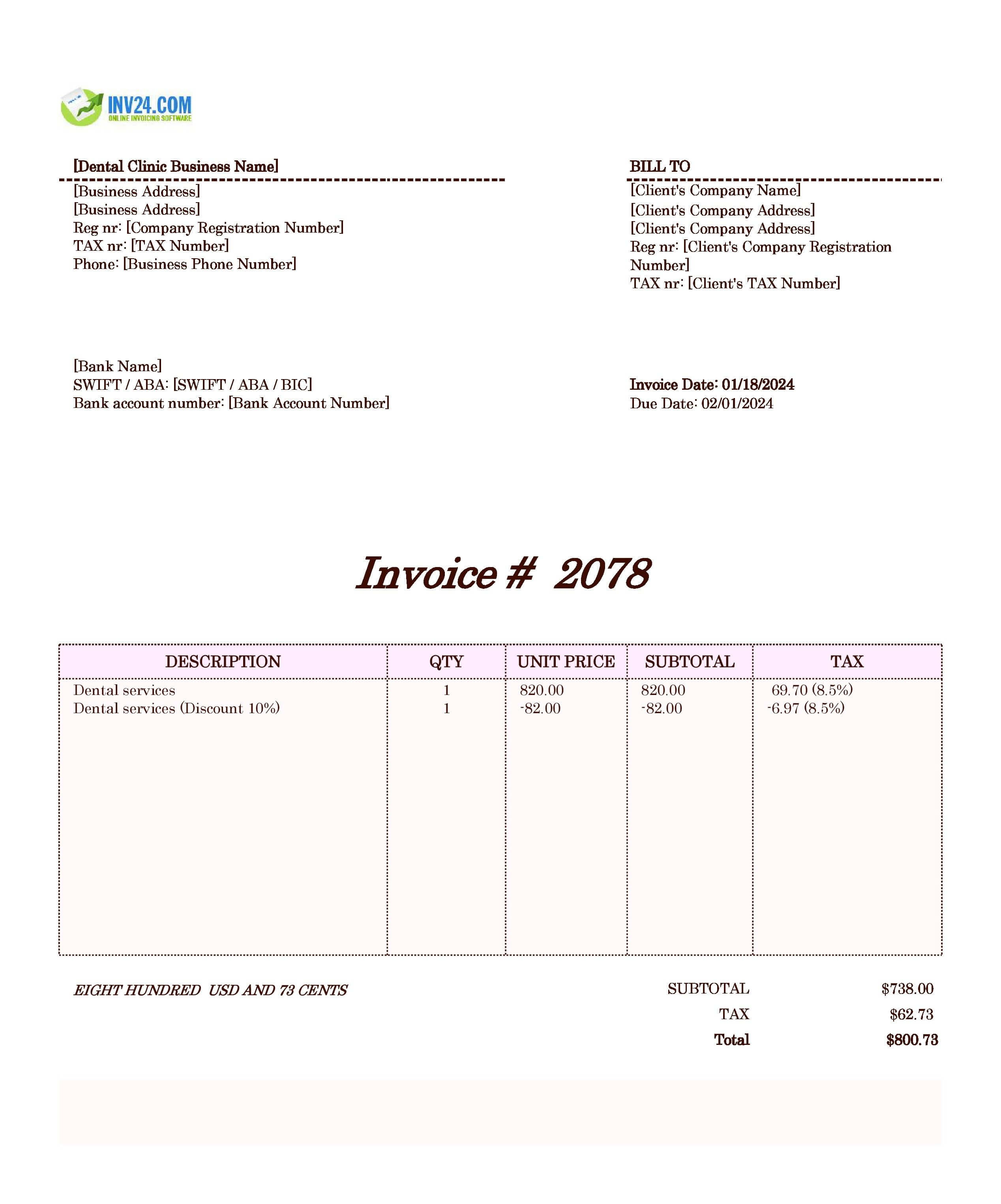 Dental Invoice Template (Excel / Google Sheets)