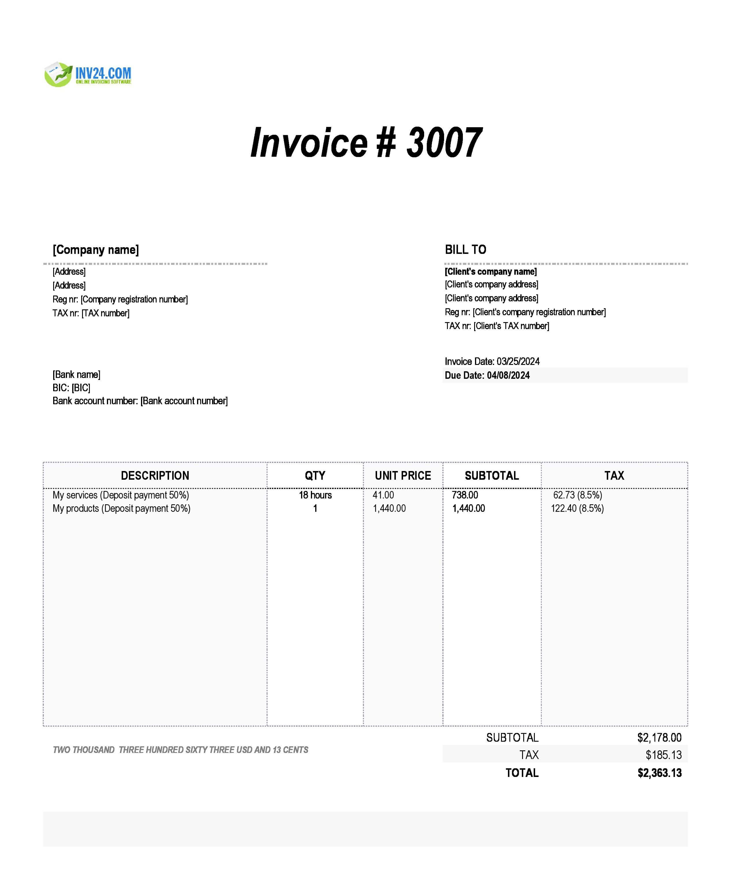 deposit invoice sample