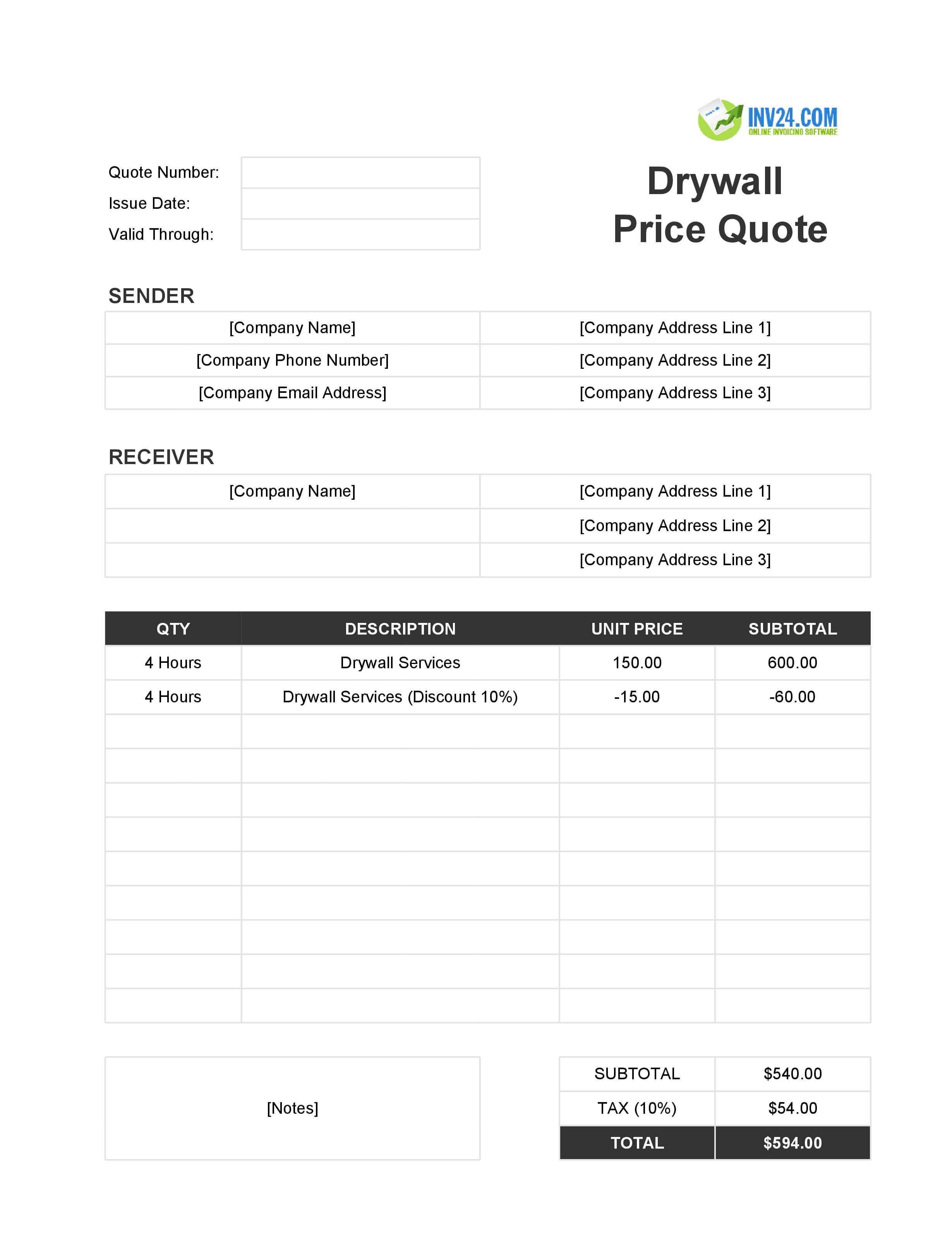 Drywall Quote Template (Excel / Google Sheets)