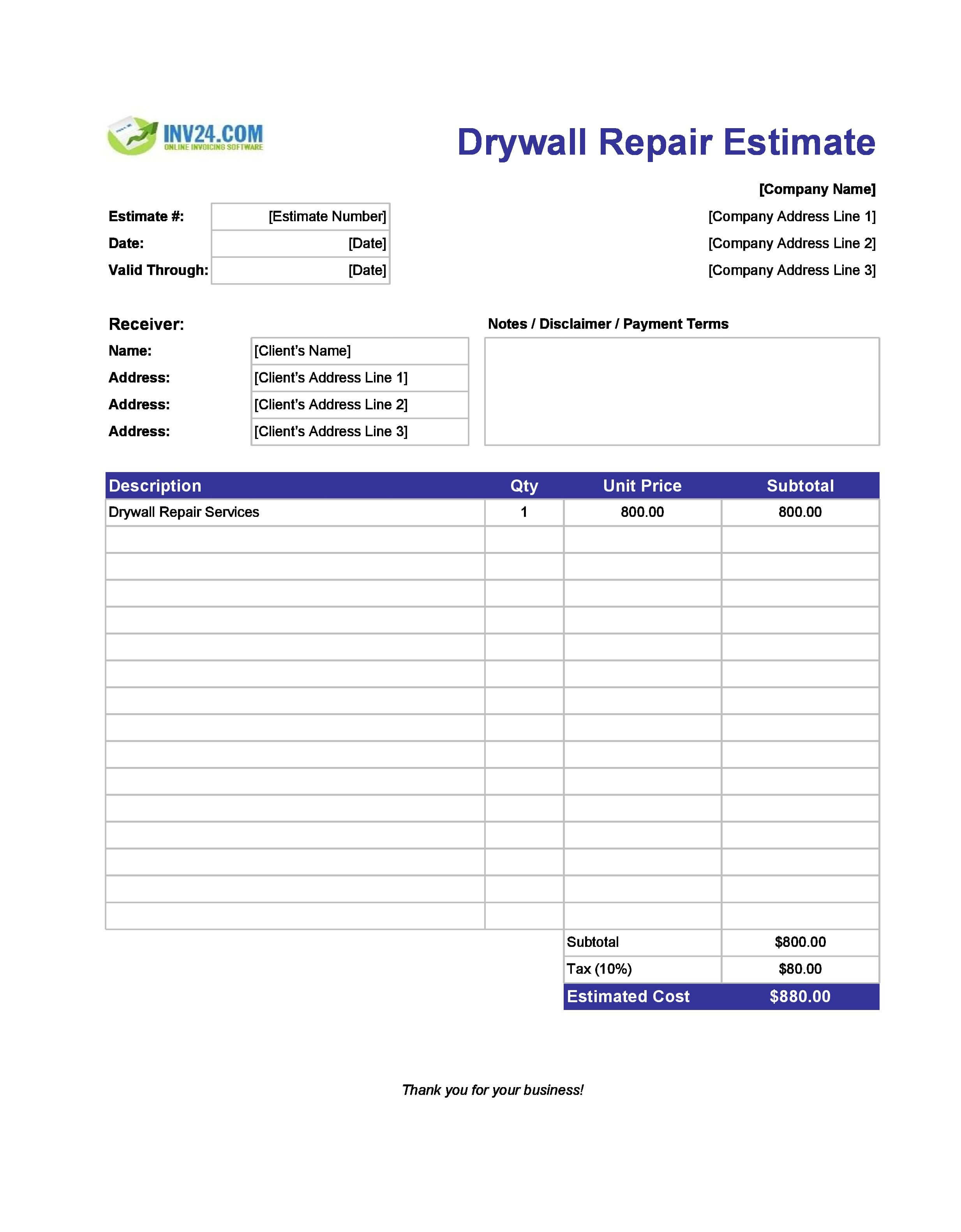 Drywall Repair Estimate Template (Excel / Google Sheets) Drywall Repair Estimate Template (Excel / Google Sheets)