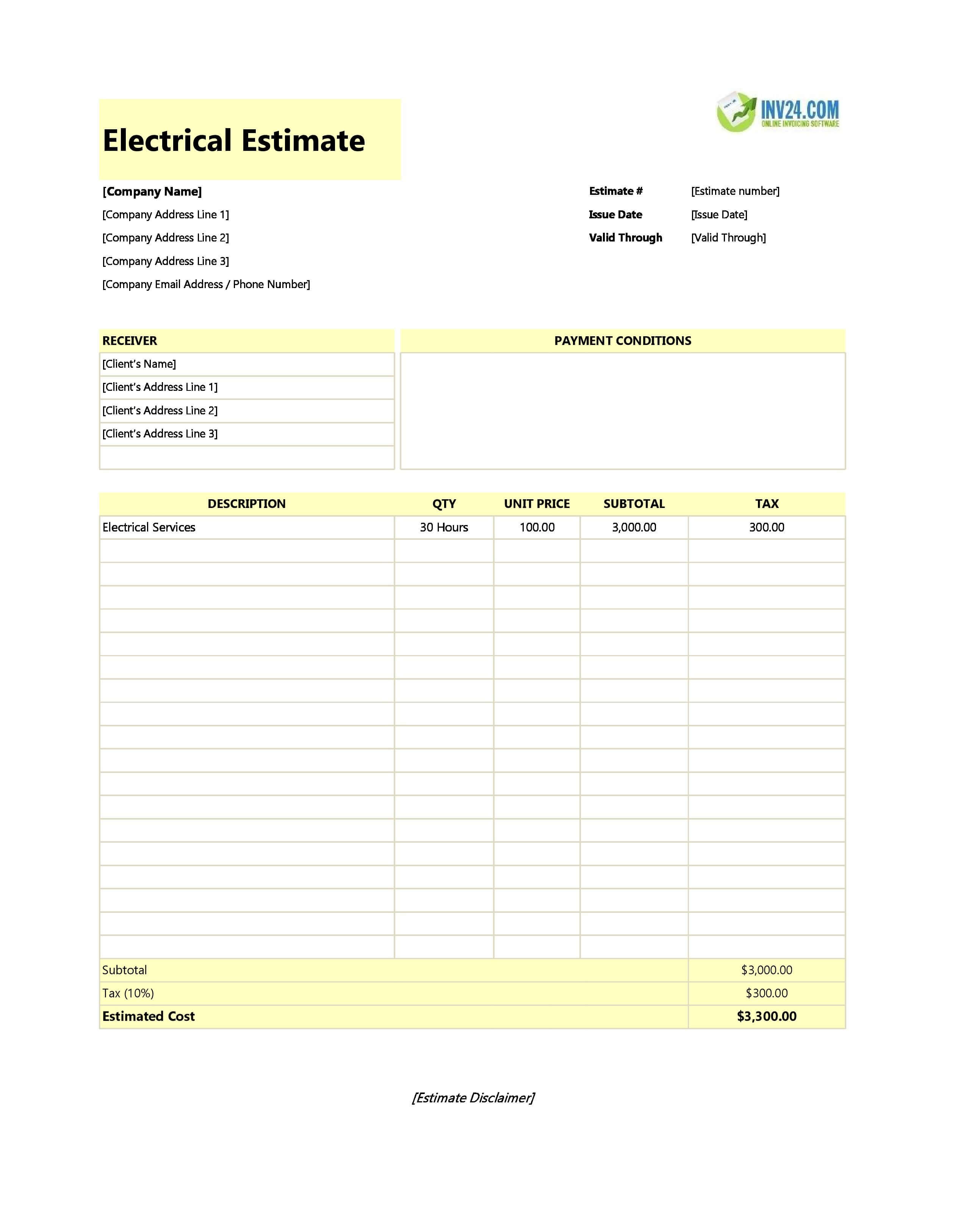 Electrical Estimate Template (Excel / Google Sheets)