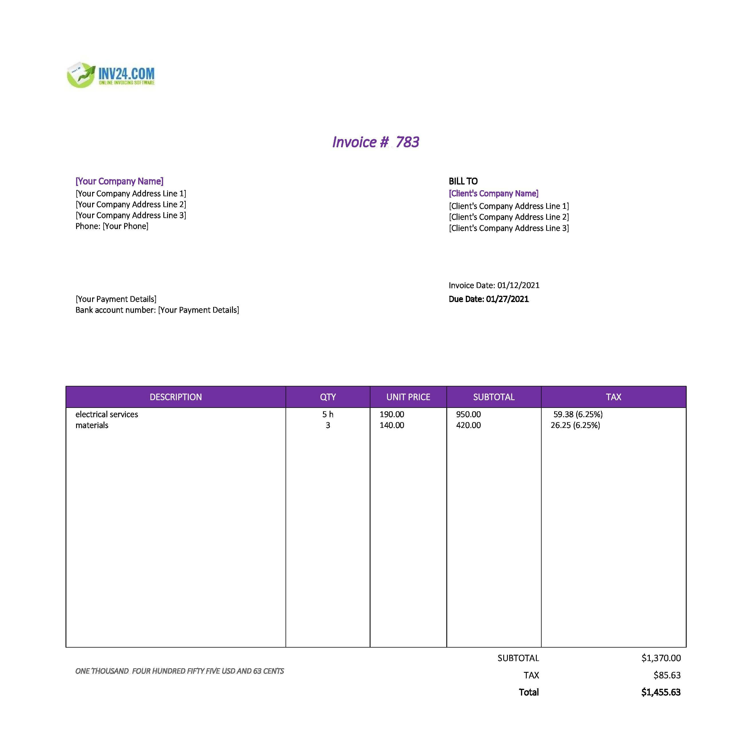 Electrical invoice template