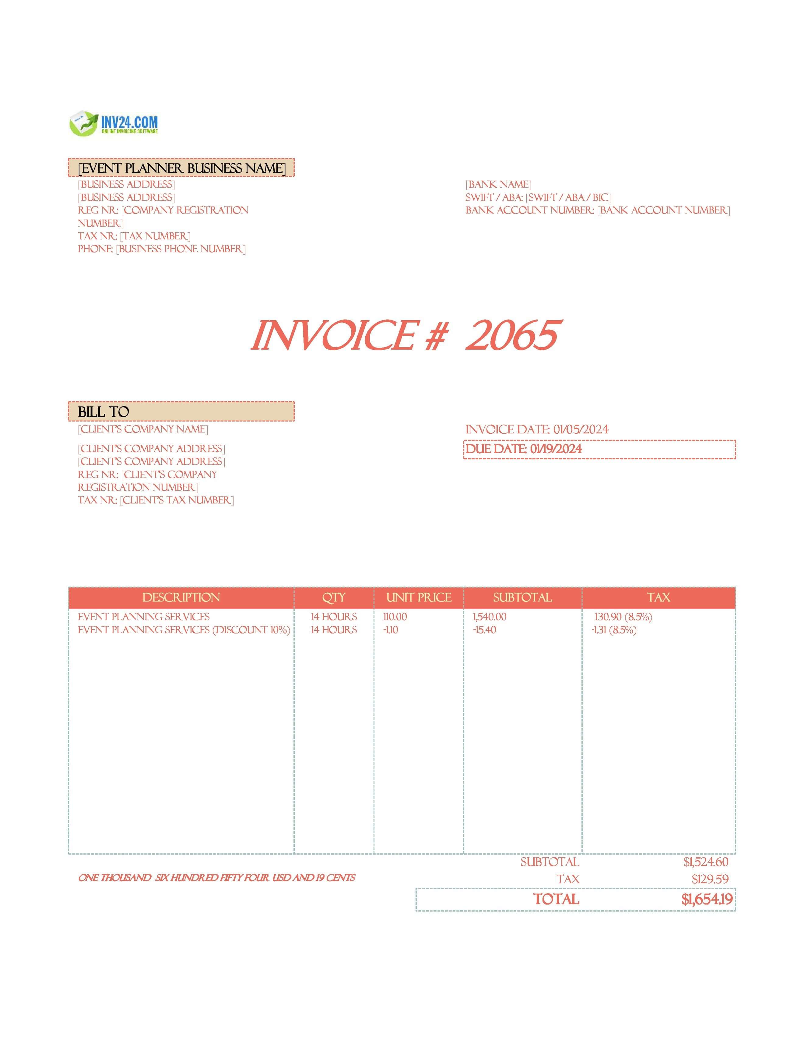 Event planner invoice template