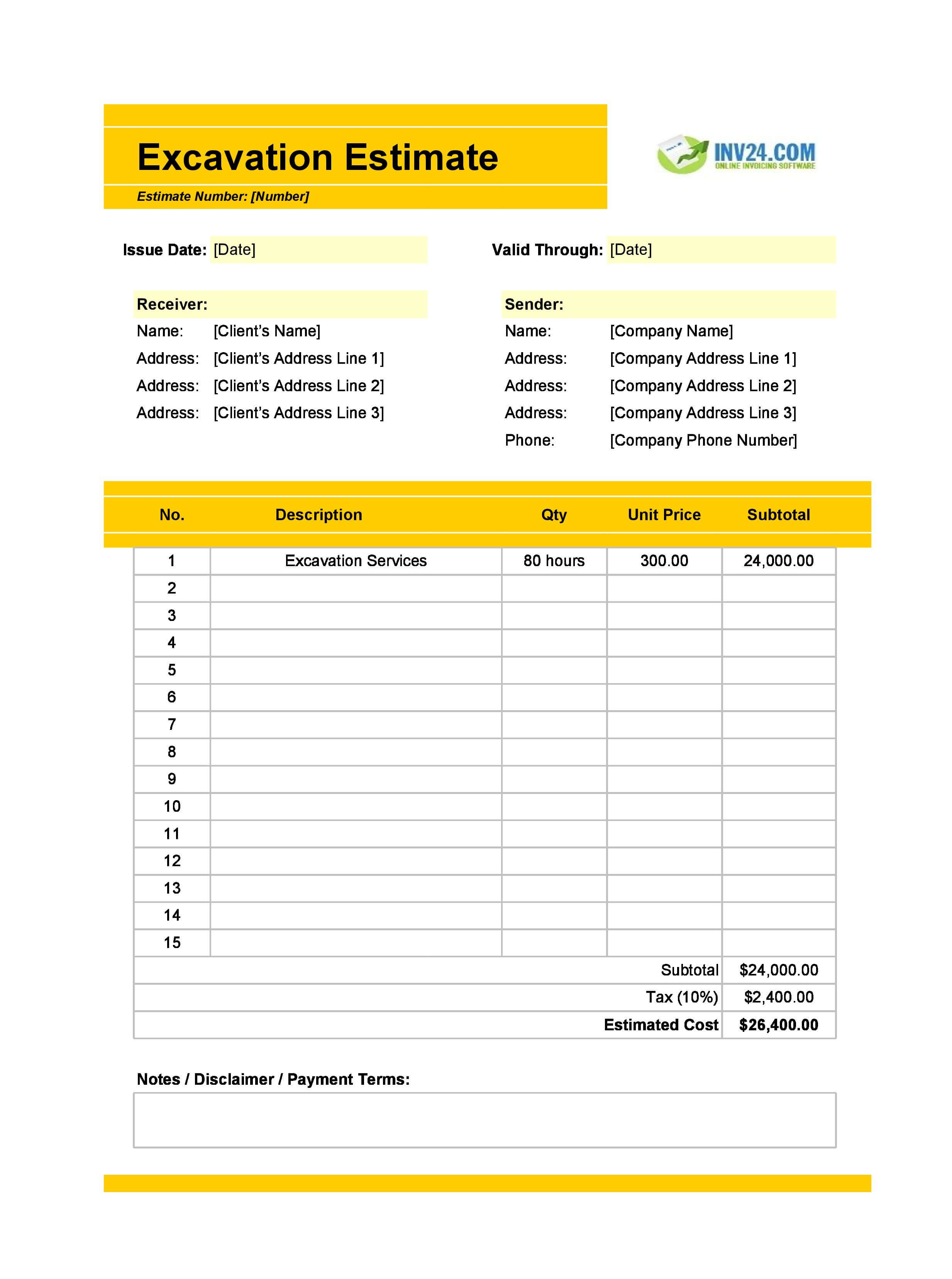 Excavation Estimate Template (Excel / Google Sheets) Excavation Estimate Template (Excel / Google Sheets)