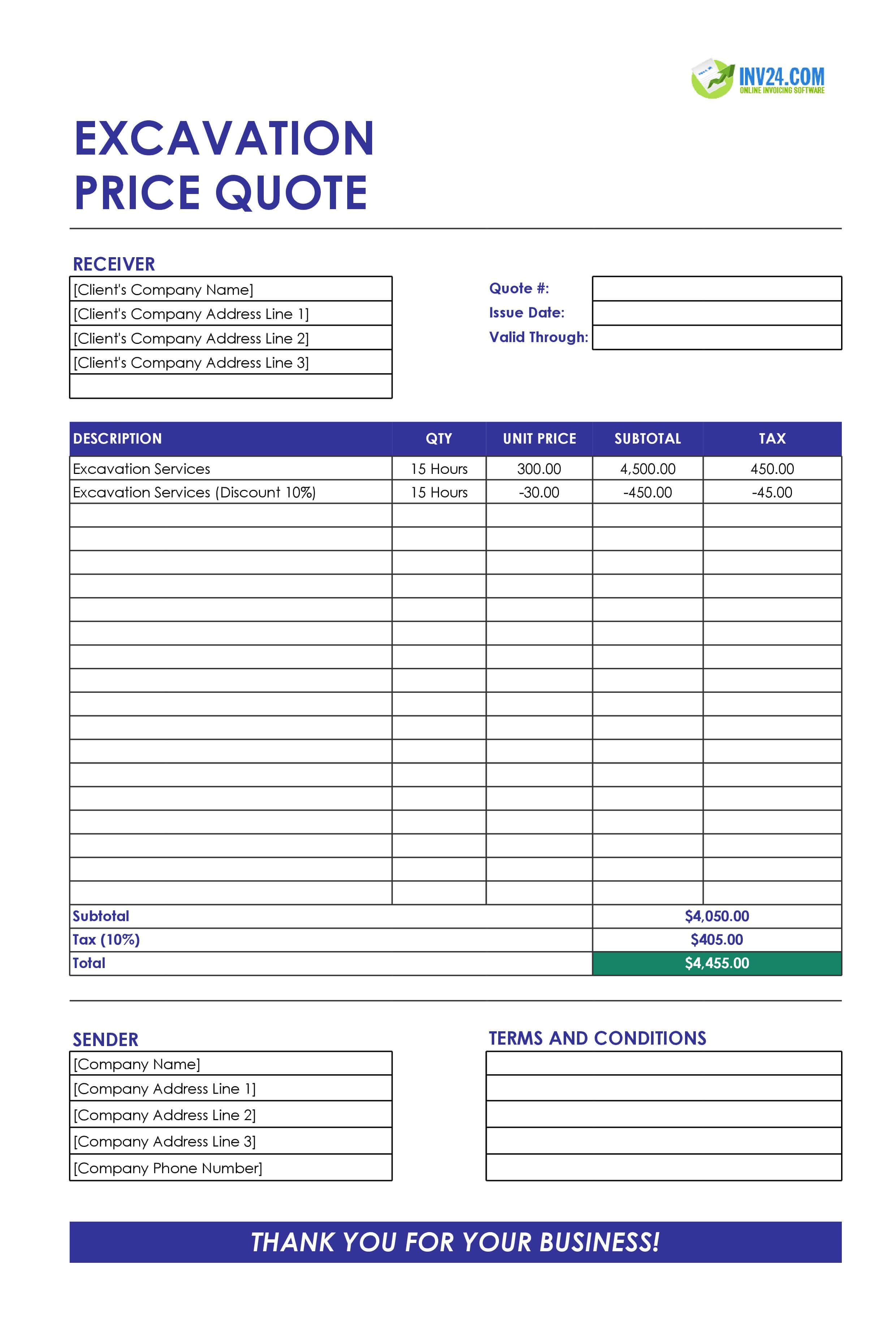 Excavation Quote Template (Excel / Google Sheets)