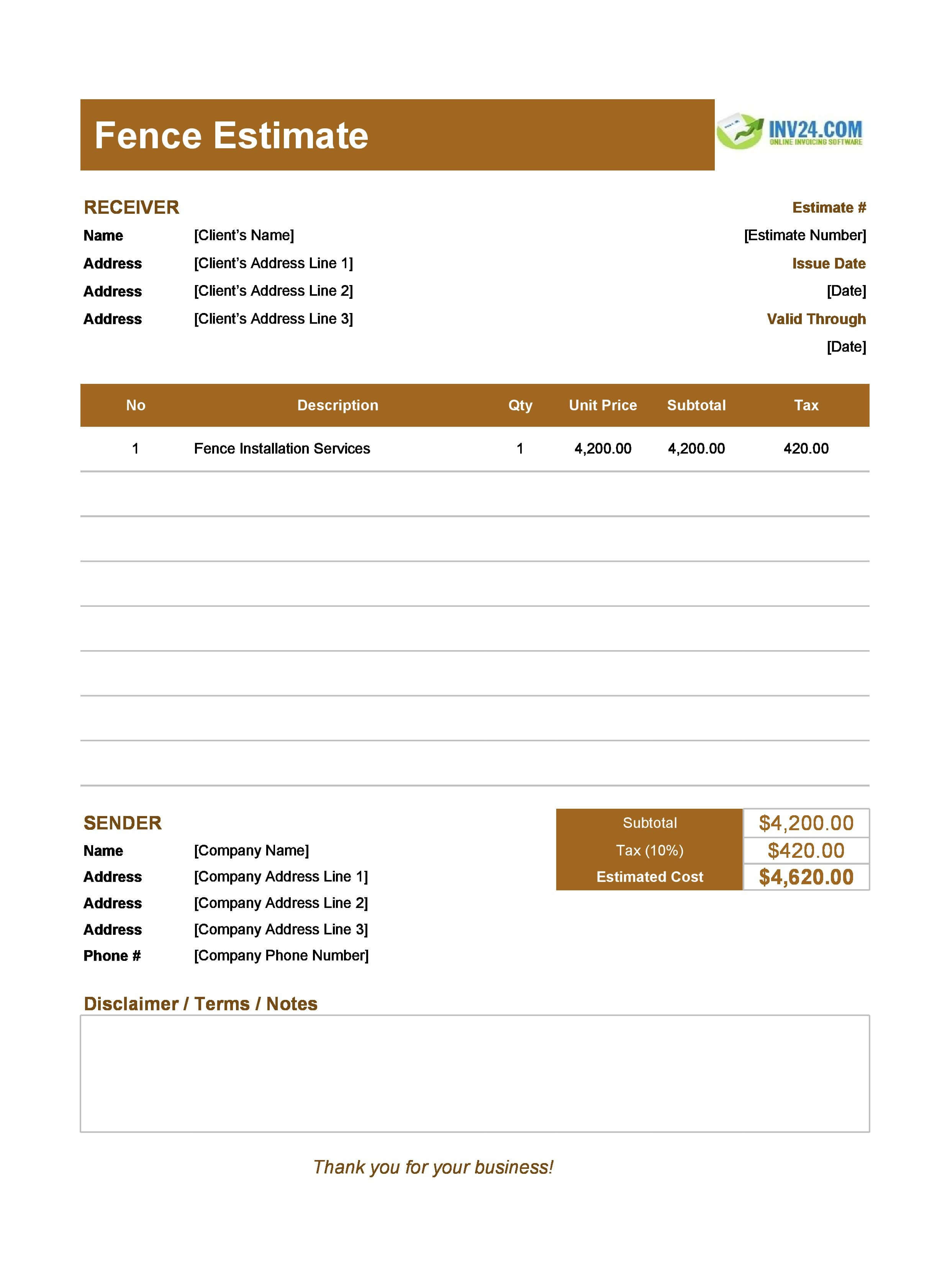 Fence Estimate Template (Excel / Google Sheets)