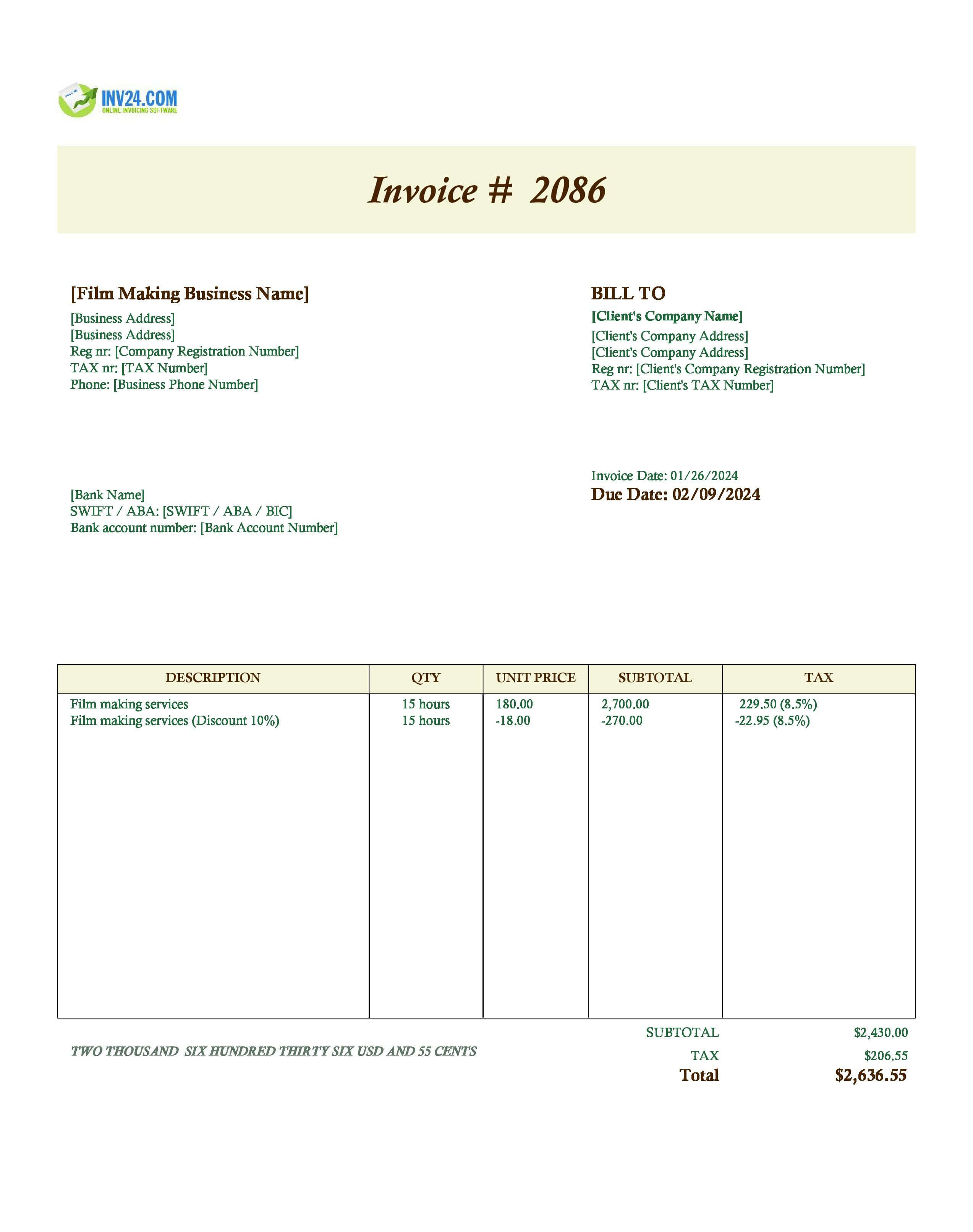 Filmmaking Invoice Template (Excel / Google Sheets) Filmmaking Invoice Template (Excel / Google Sheets)