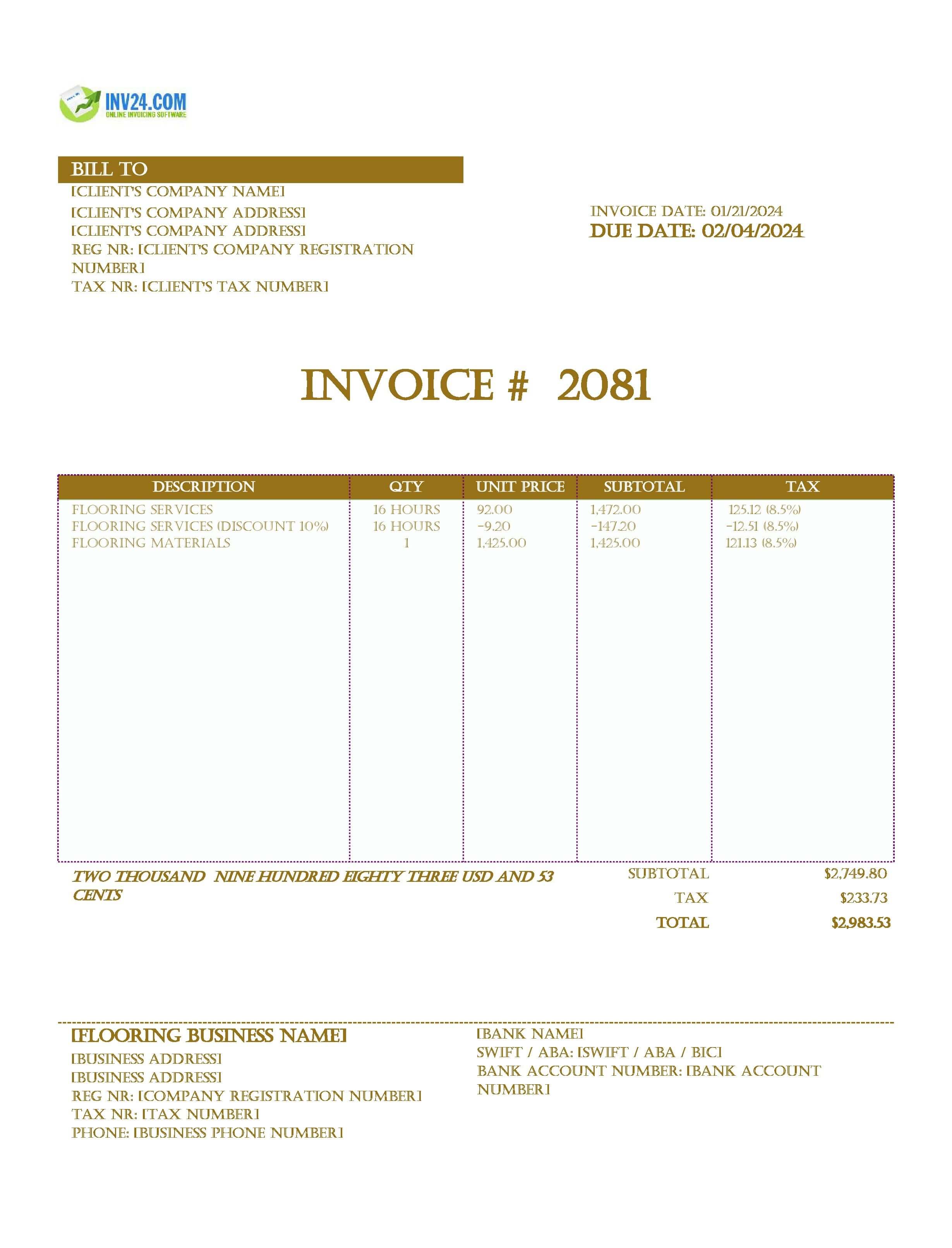 Flooring Invoice Template (Excel / Google Sheets)