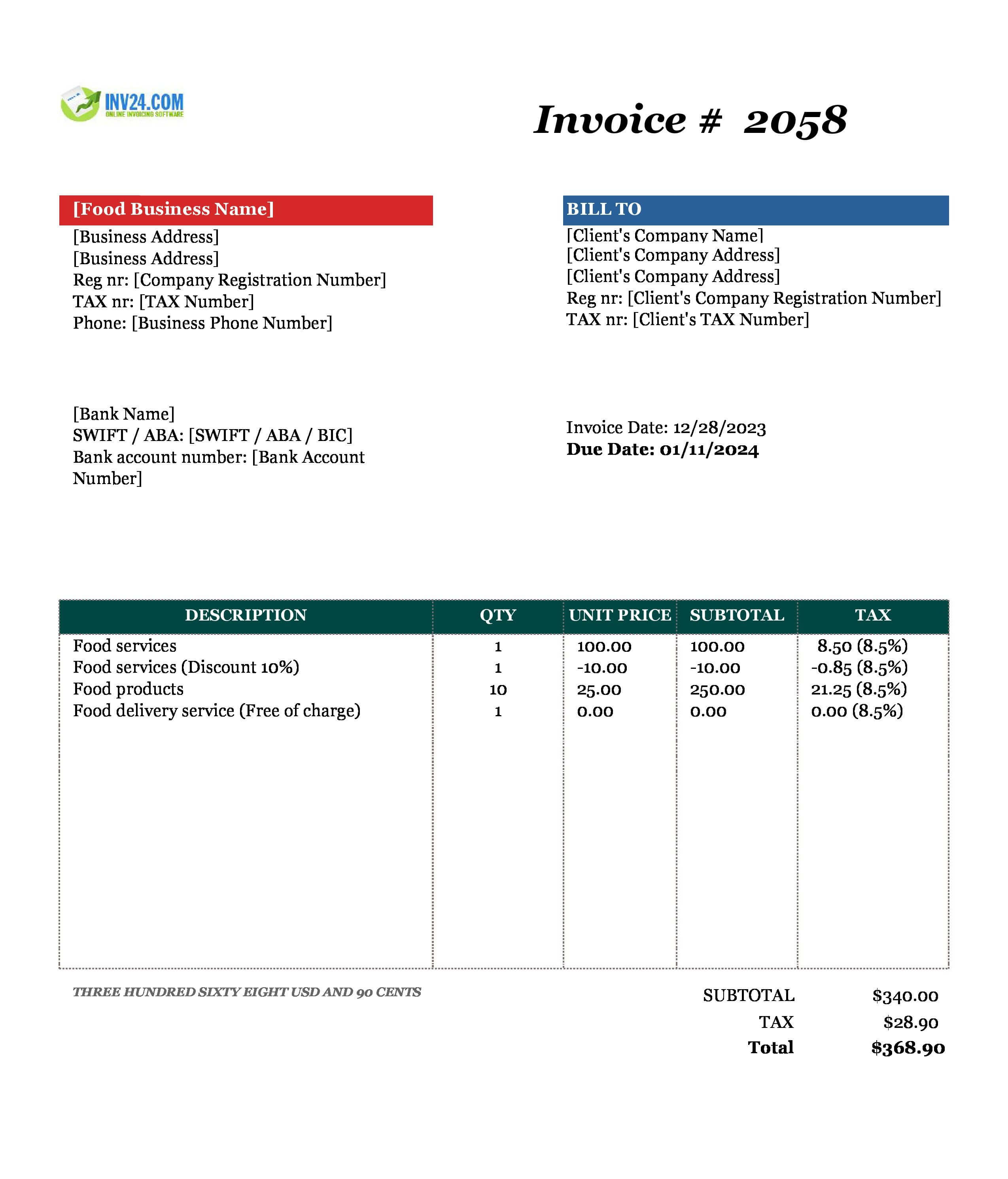 Food Invoice Template (Excel / Google Sheets)