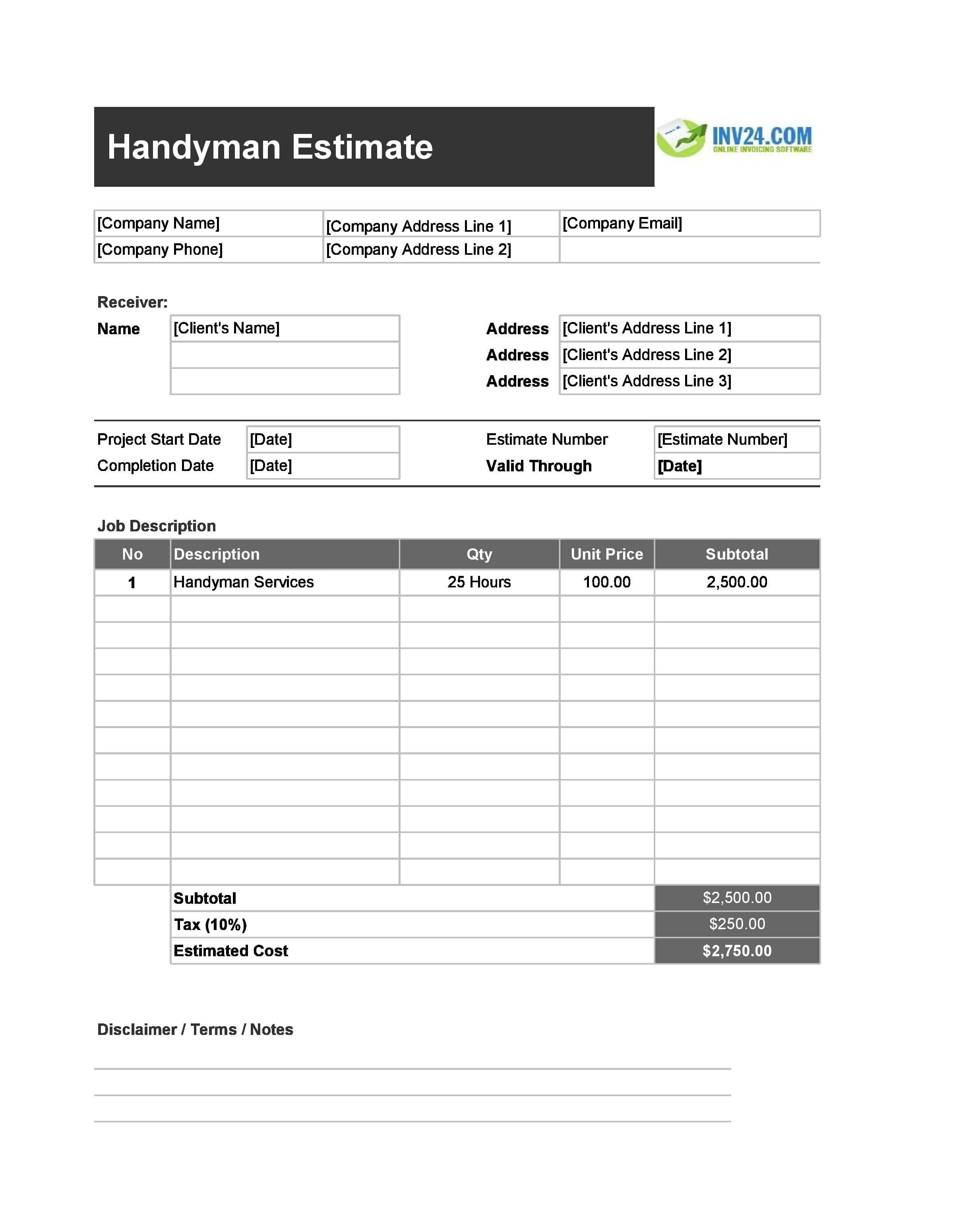 Handyman Estimate Template (Excel / Google Sheets)