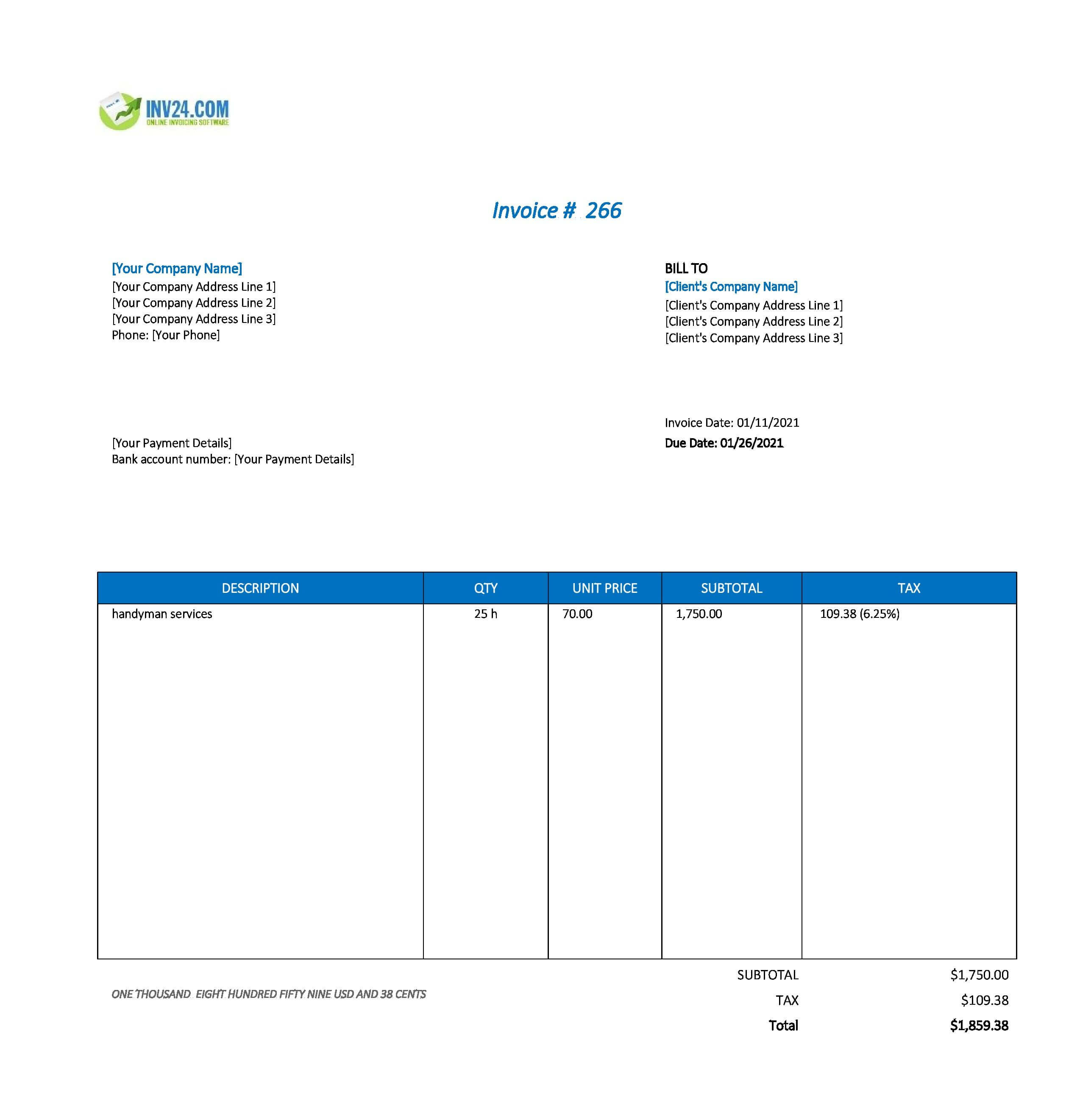 Handyman Invoice Template (Excel) With Regard To Painter Invoice Template