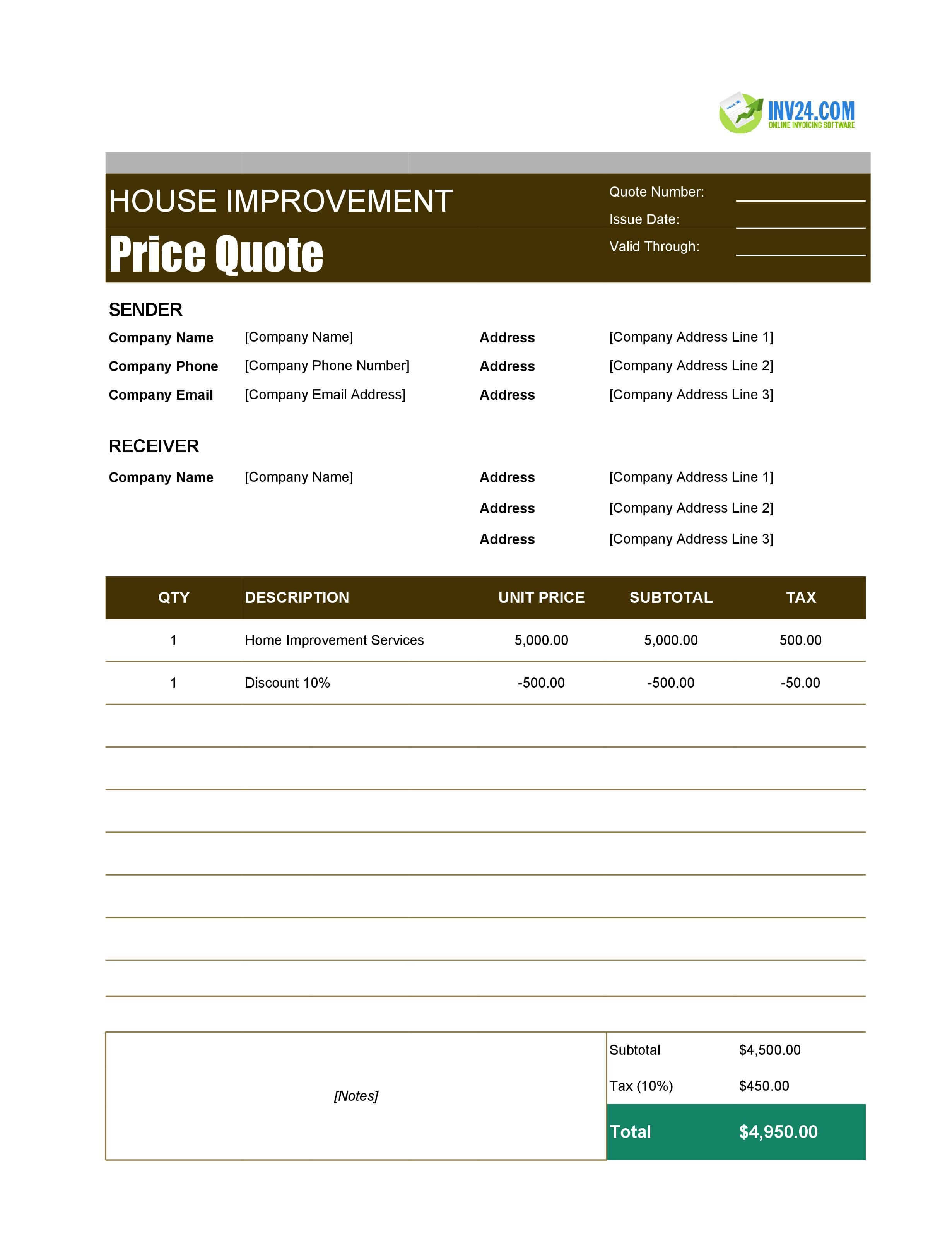 Home Improvement Quote Template (Excel / Google Sheets)