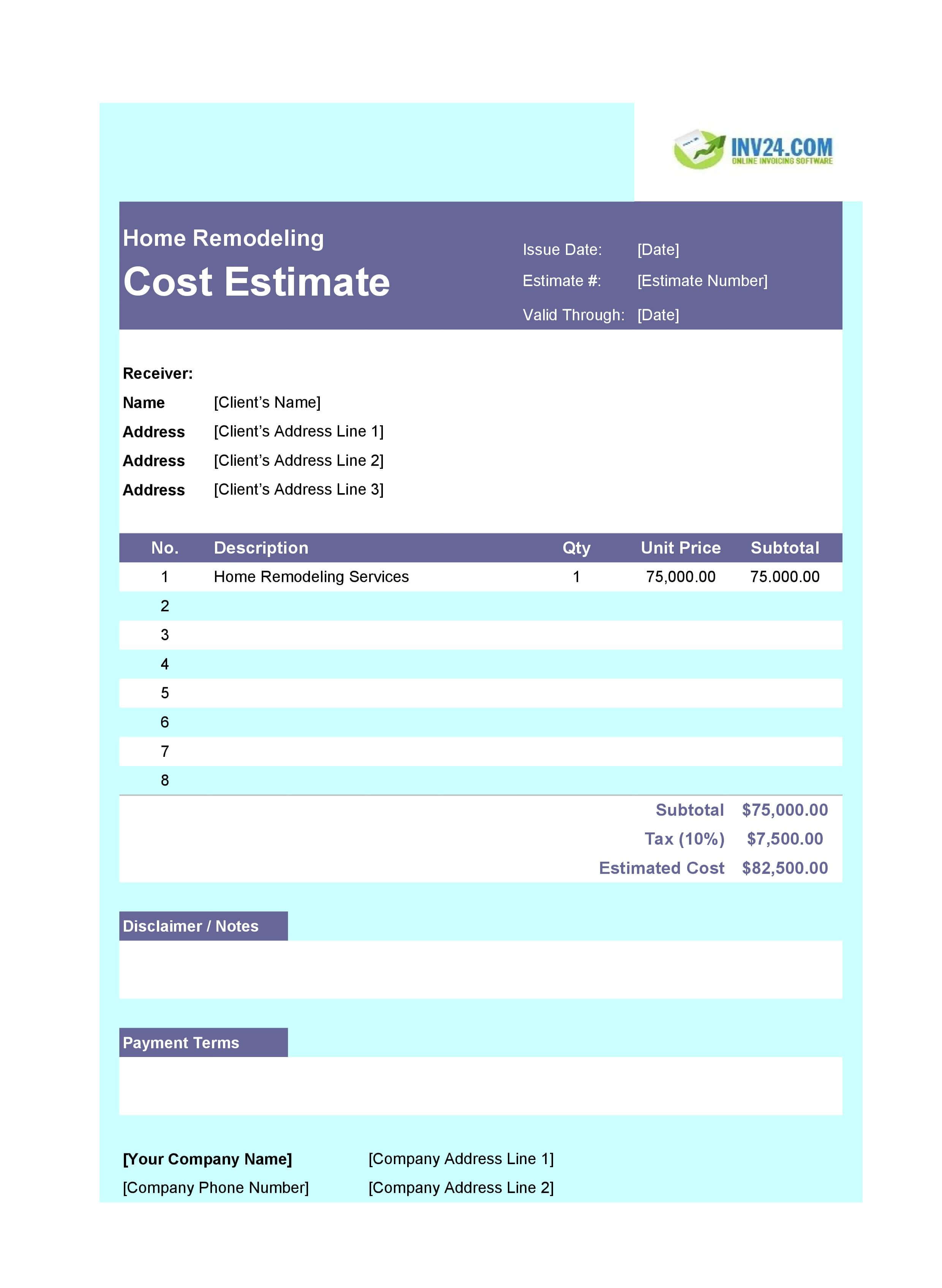Home Remodeling Cost Estimate Template (Excel / Google Sheets) Home Remodeling Cost Estimate Template (Excel / Google Sheets)