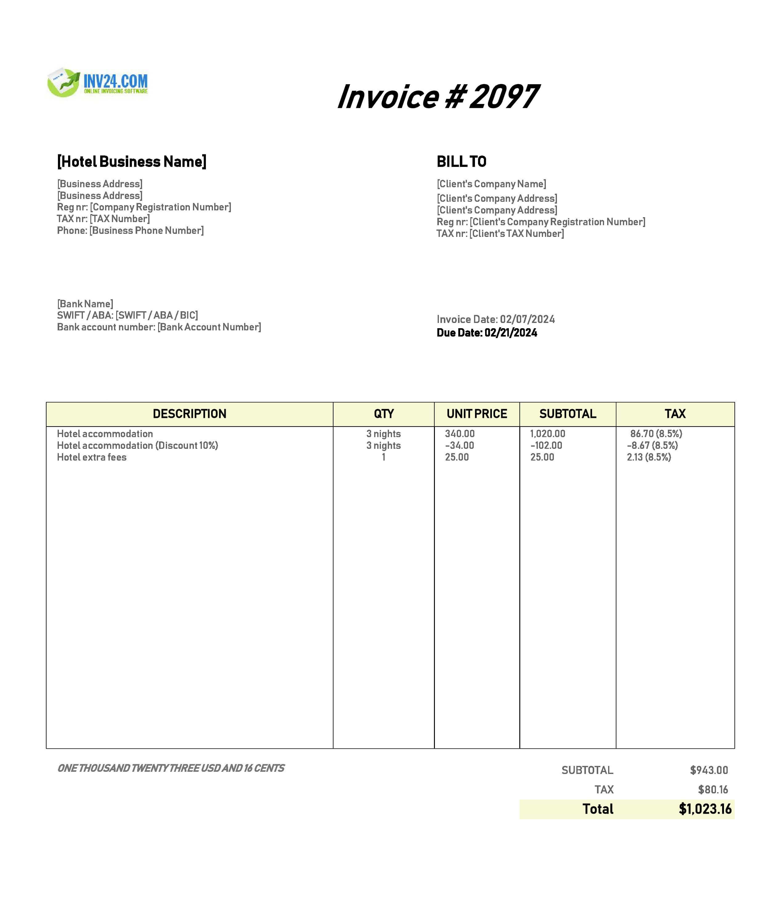 Hotel invoice template