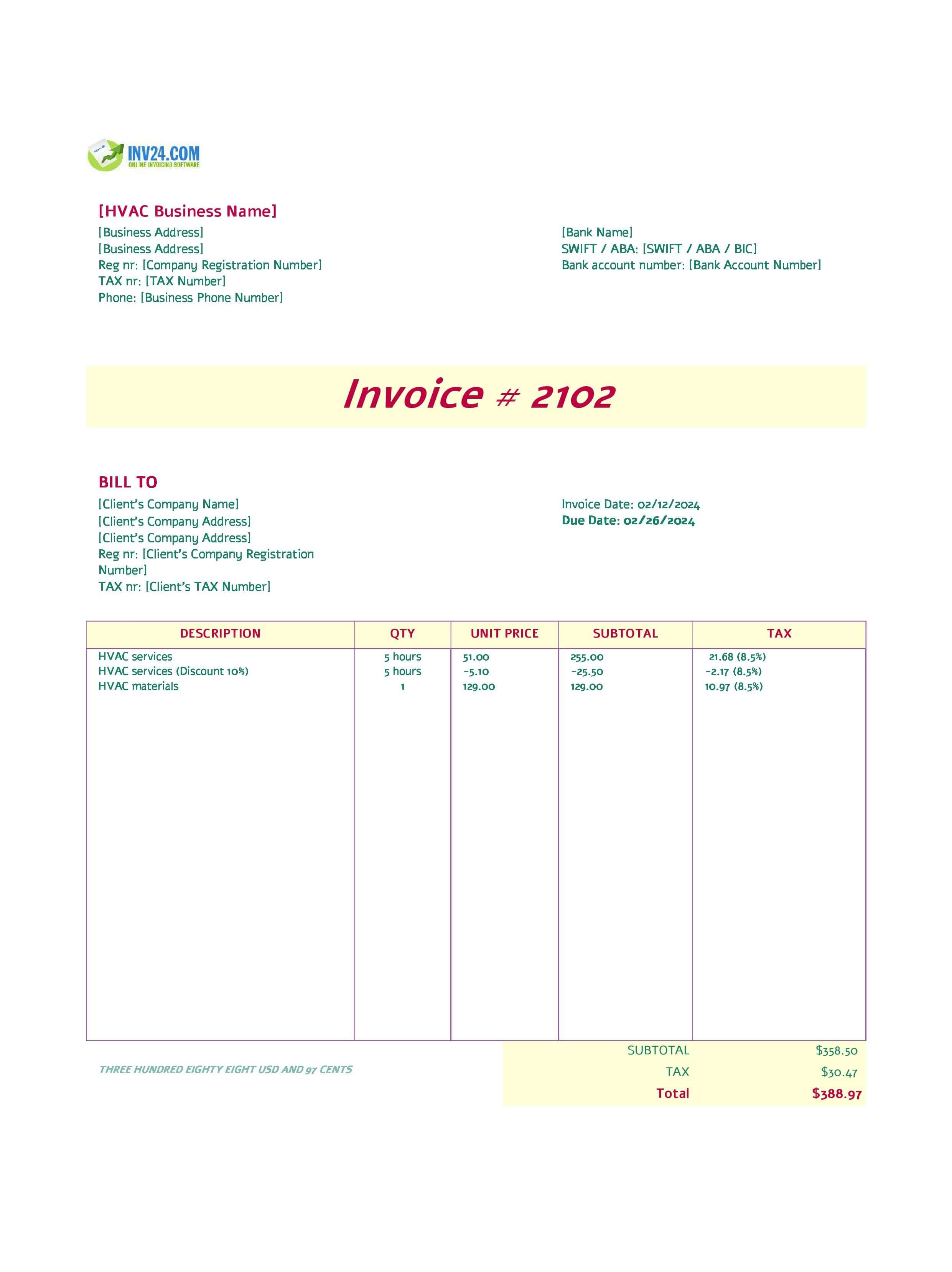HVAC Invoice Template (Excel / Google Sheets) HVAC Invoice Template (Excel / Google Sheets)