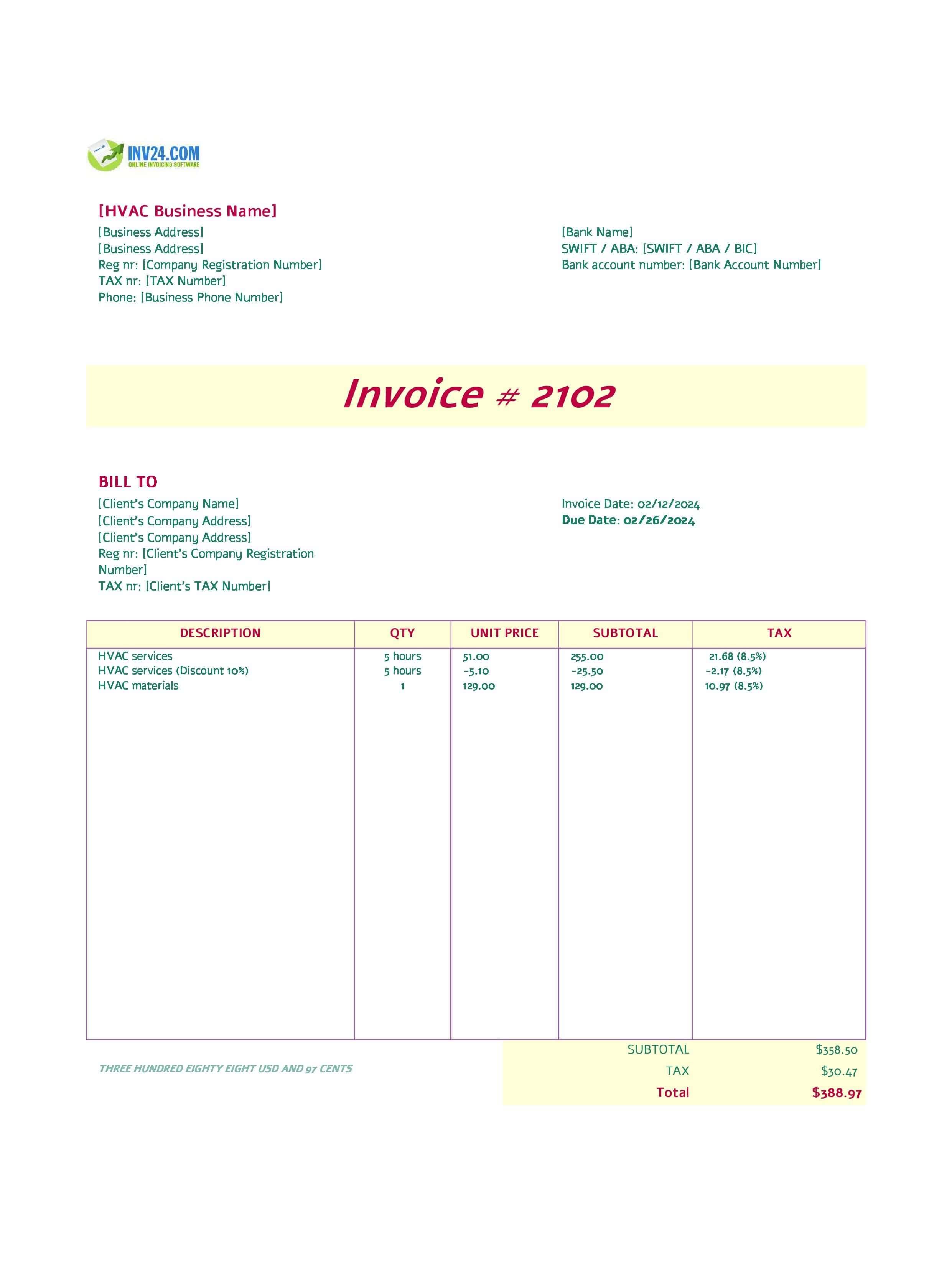 HVAC invoice template