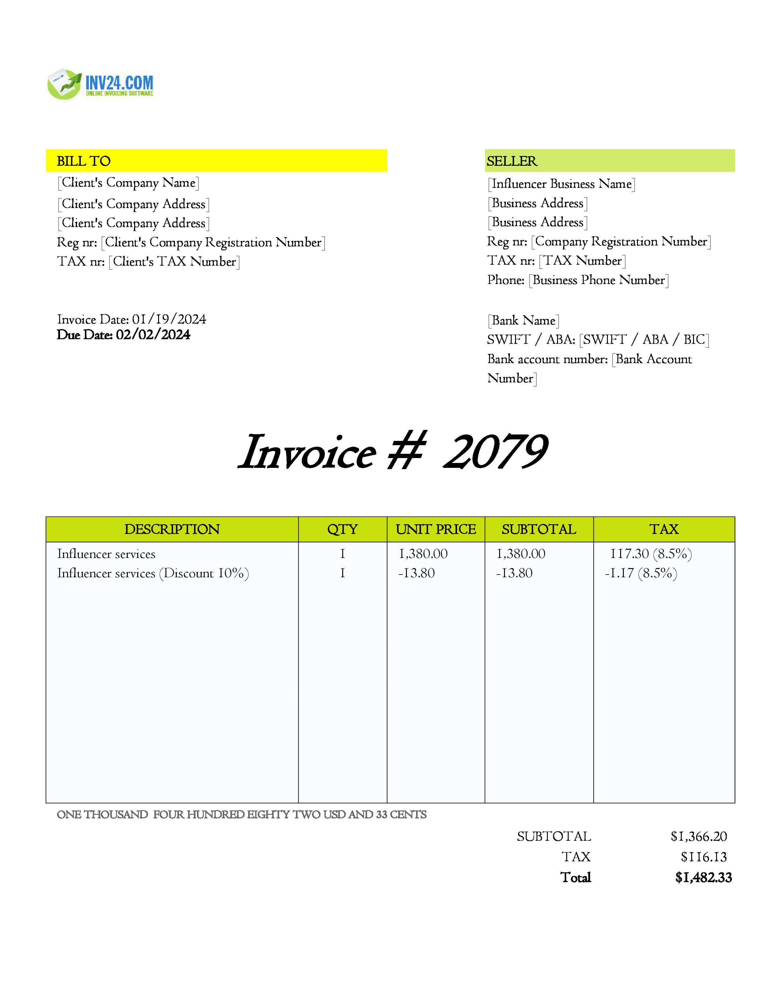 Influencer Invoice Template (Excel / Google Sheets)
