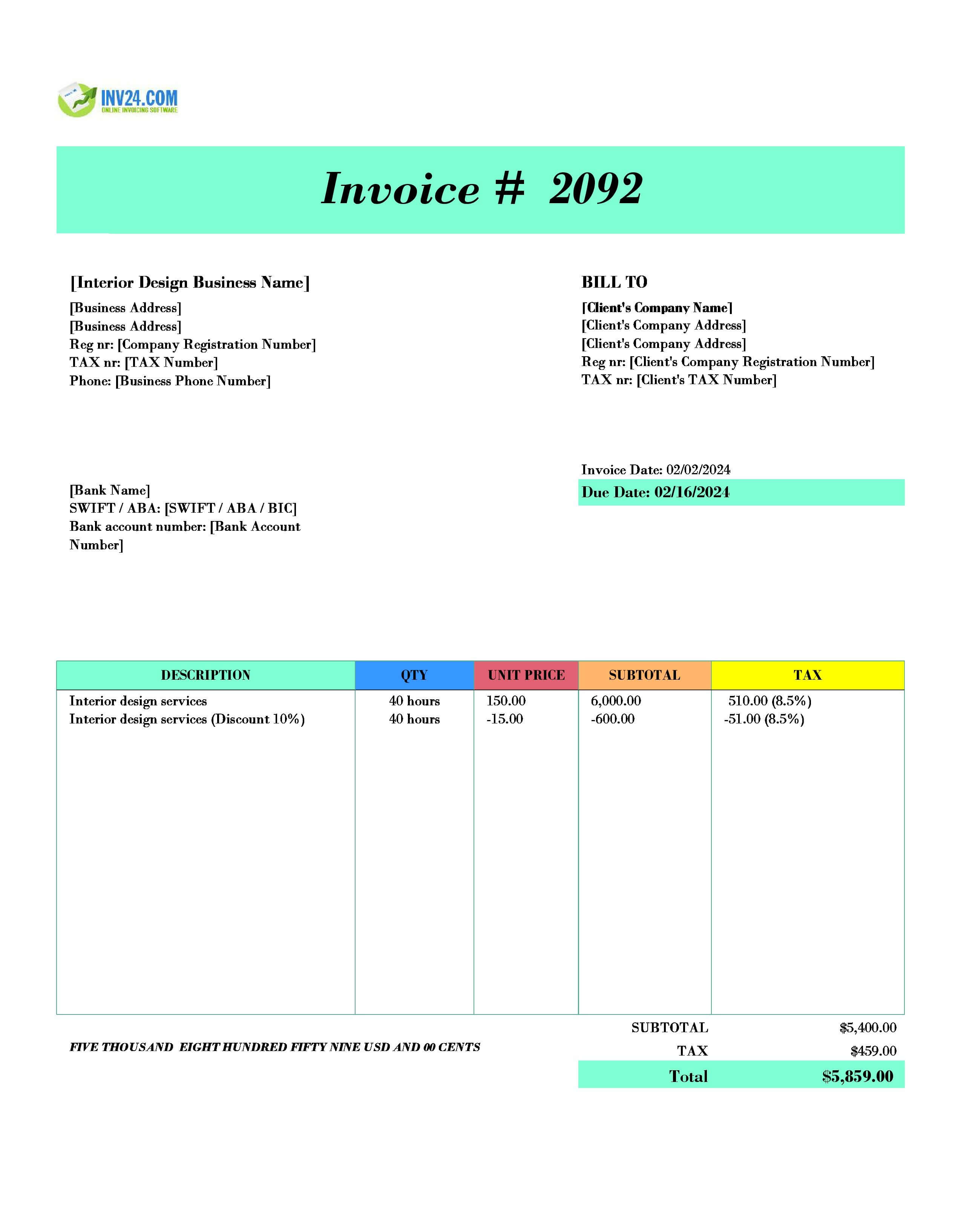 Interior Design Invoice Template (Excel / Google Sheets) Interior Design Invoice Template (Excel / Google Sheets)
