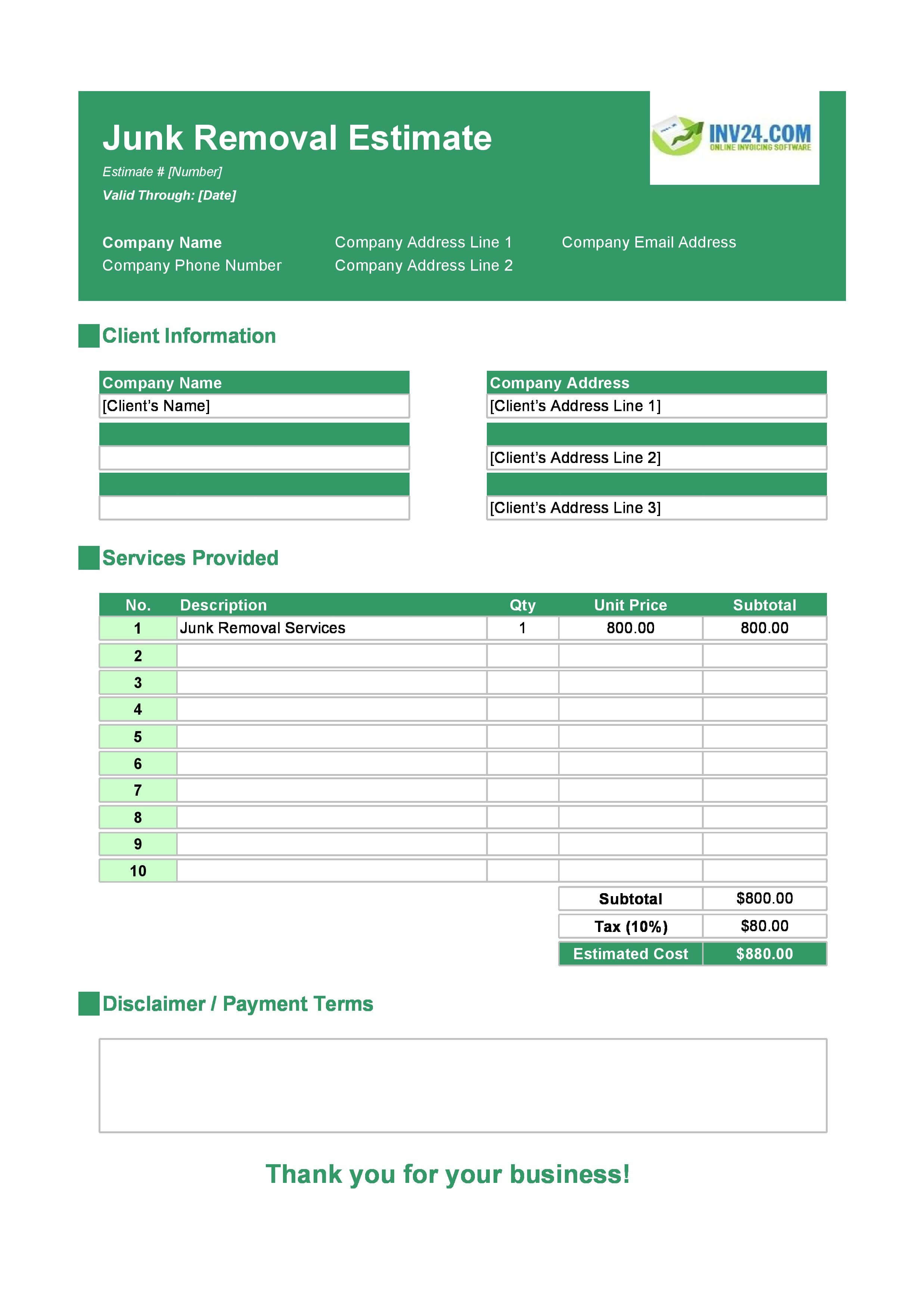 Junk Removal Estimate Template (Excel / Google Sheets) Junk Removal Estimate Template (Excel / Google Sheets)