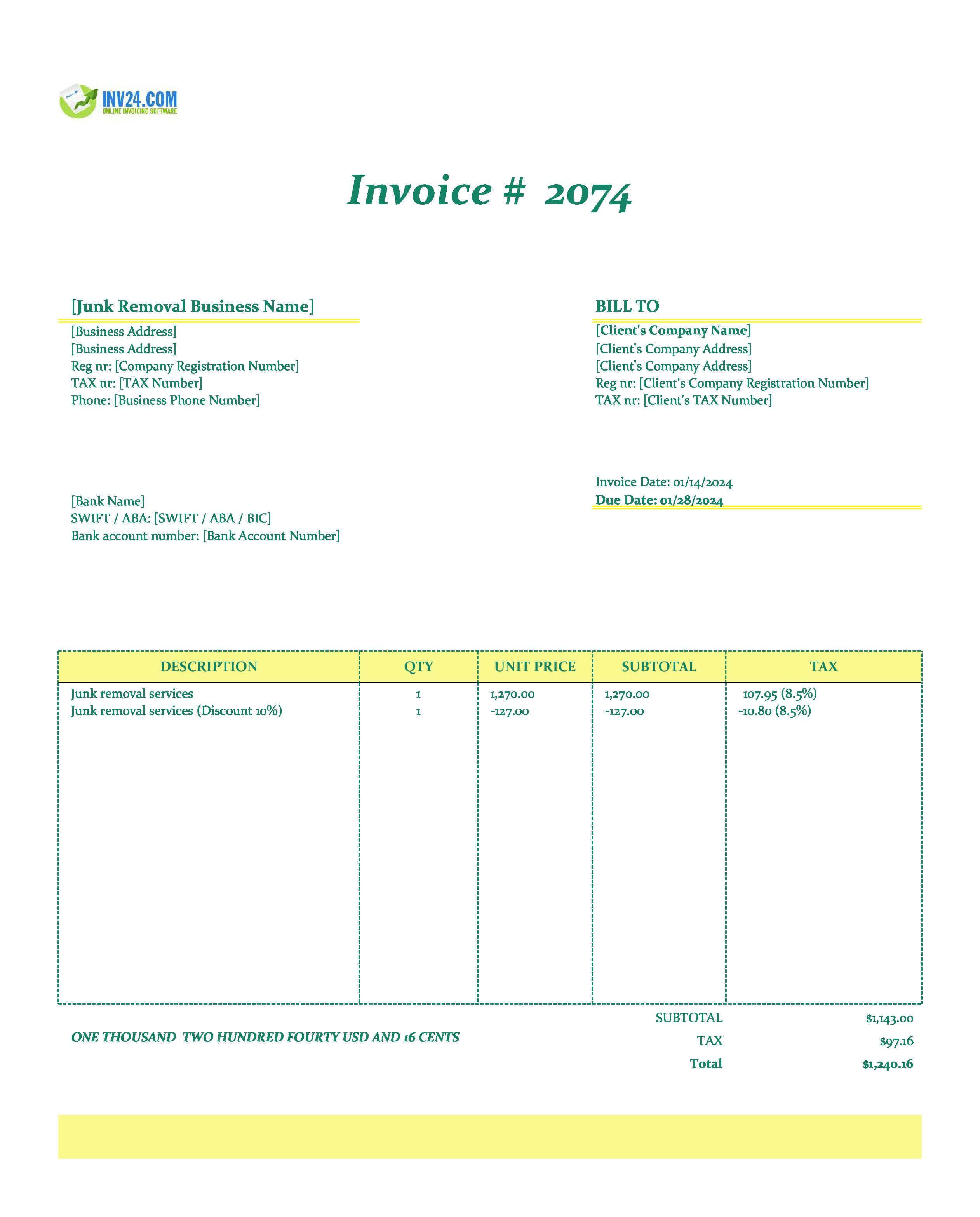 Junk Removal Invoice Template (Excel / Google Sheets)